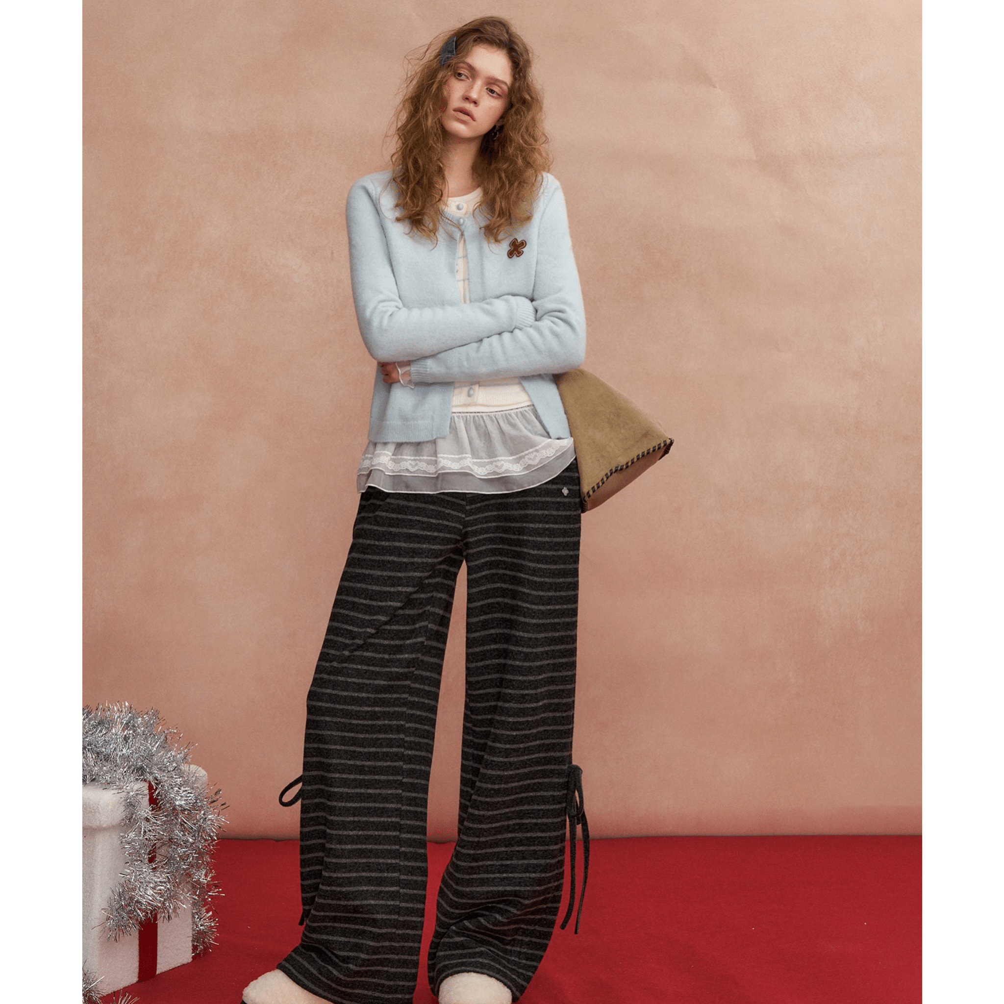 SOMESOWE Bow - tie Striped Tweed Trousers in Dark Gray Stripes | MADAX
