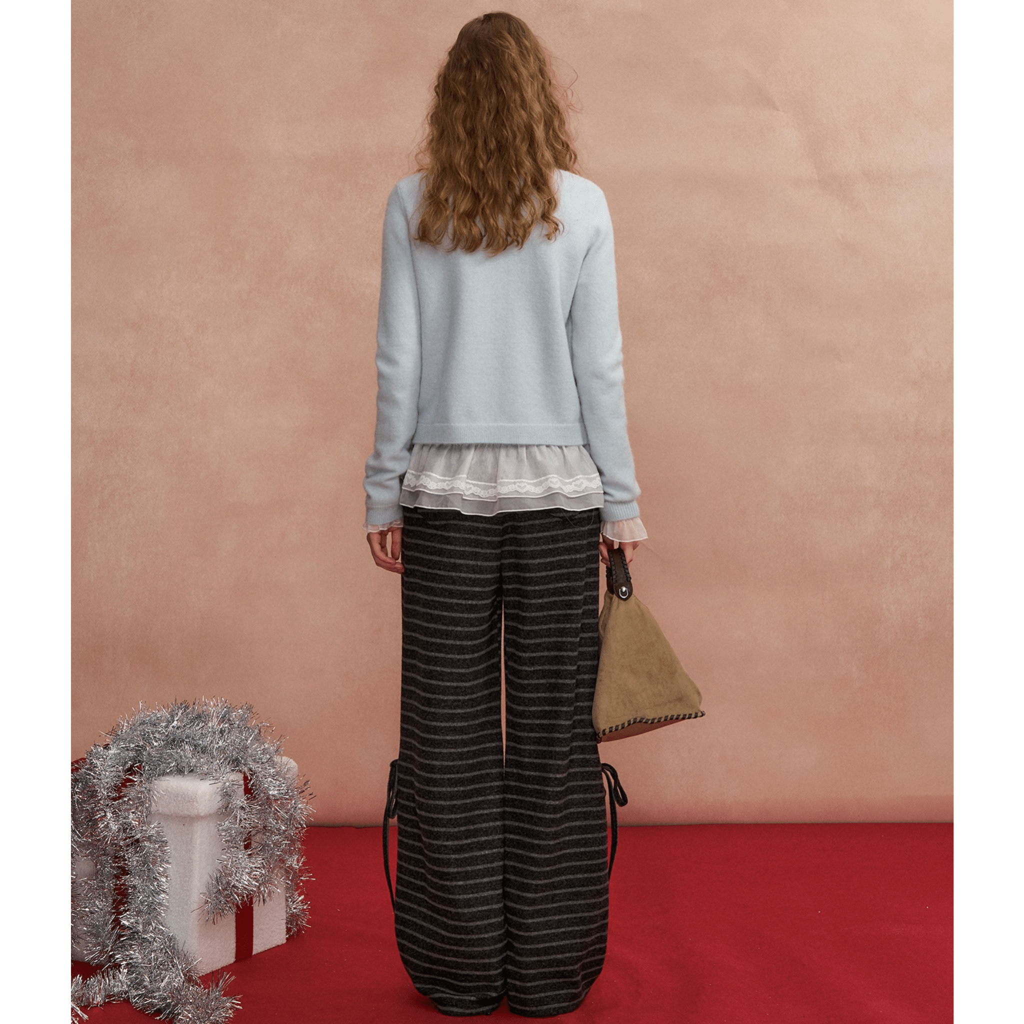 SOMESOWE Bow - tie Striped Tweed Trousers in Dark Gray Stripes | MADAX