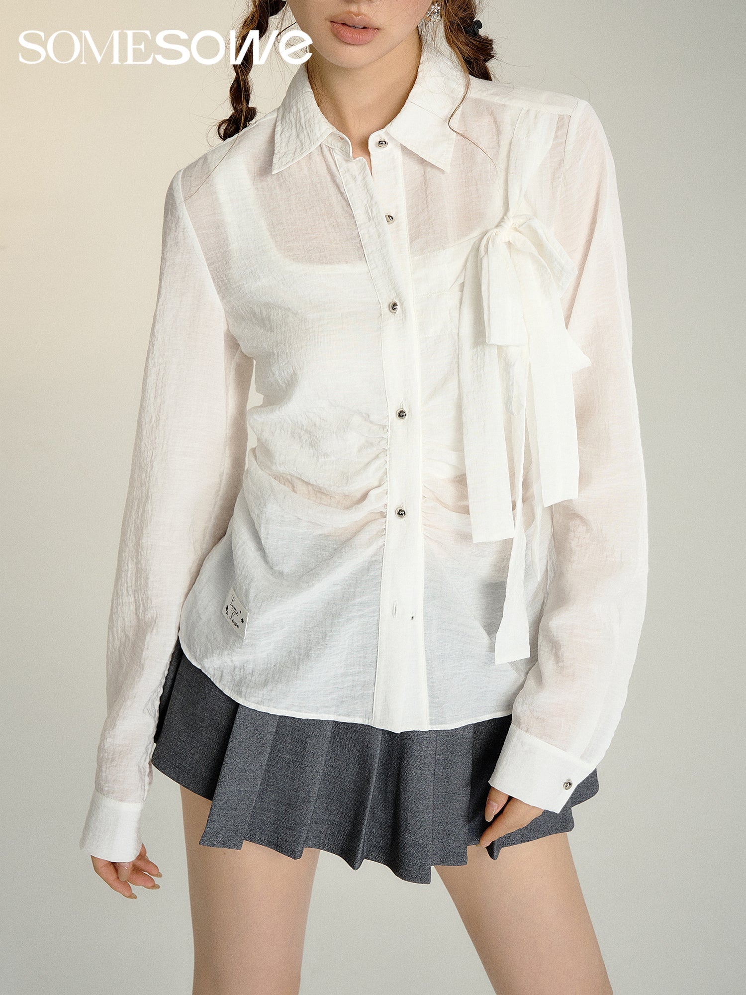 SOMESOWE Bow Waist Pleated Shirt in White | MADA IN CHINA