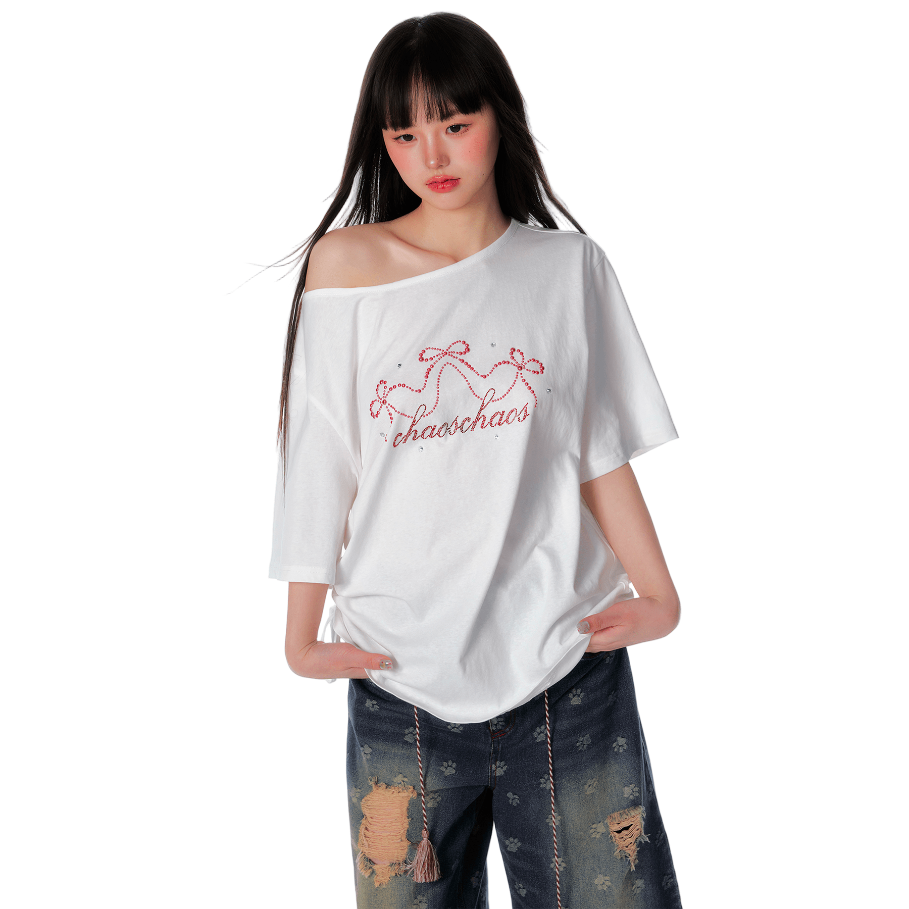 CHAOSCHAOS Bowknot Hot Diamond Off - shoulder T-shirt In White | MADAX