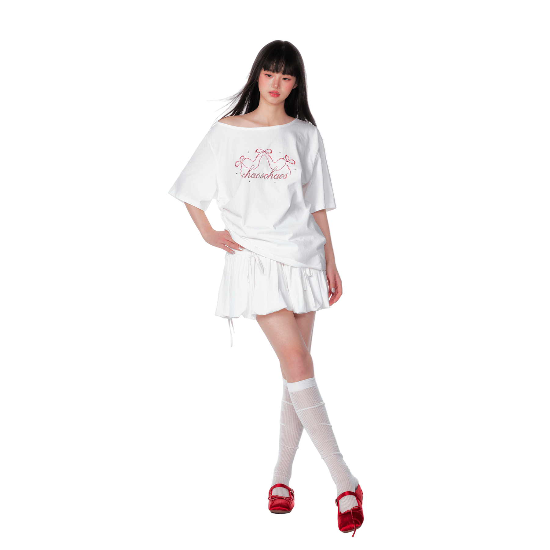 CHAOSCHAOS Bowknot Hot Diamond Off - shoulder T-shirt In White | MADAX