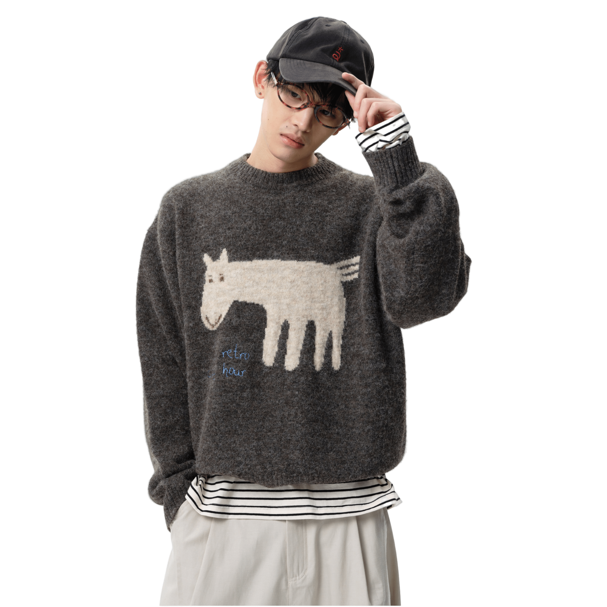 ARCH Brown Color - blocked Pony Crew Neck Sweater | MADAX