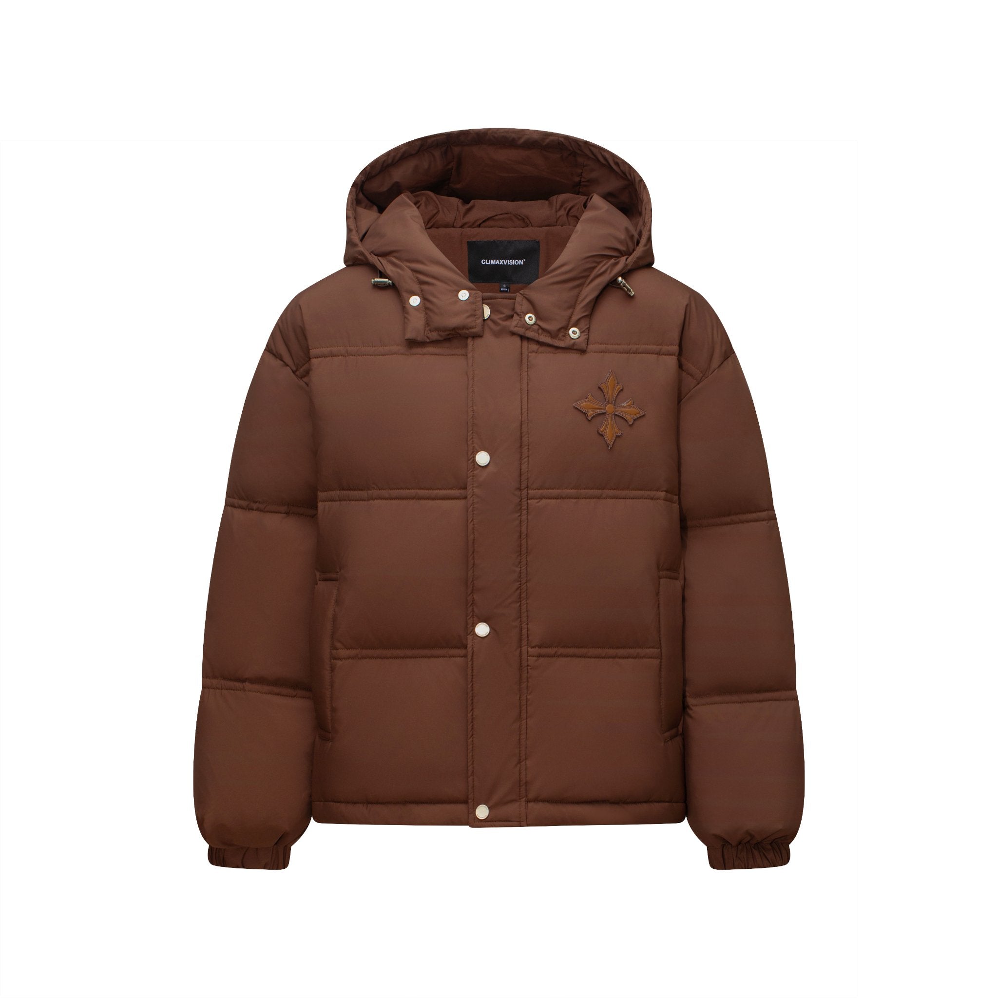 CLIMAX VISION Brown Embroidered Hooded Warm Puffer Jacket | MADAX