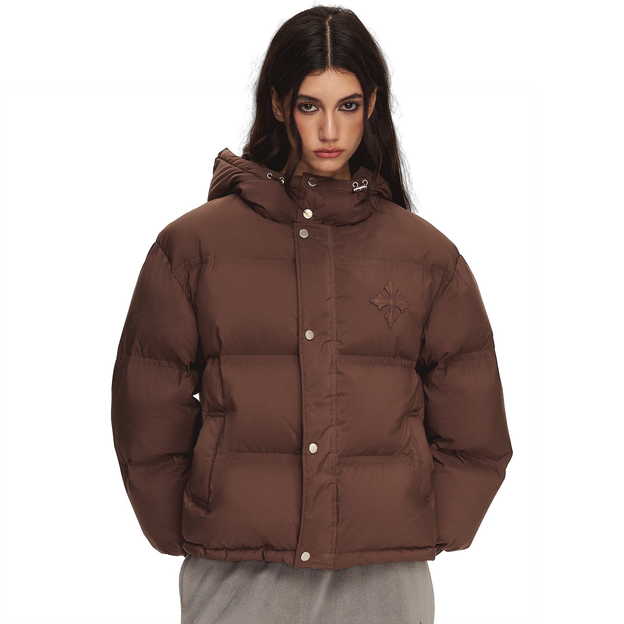 CLIMAX VISION Brown Embroidered Hooded Warm Puffer Jacket | MADAX