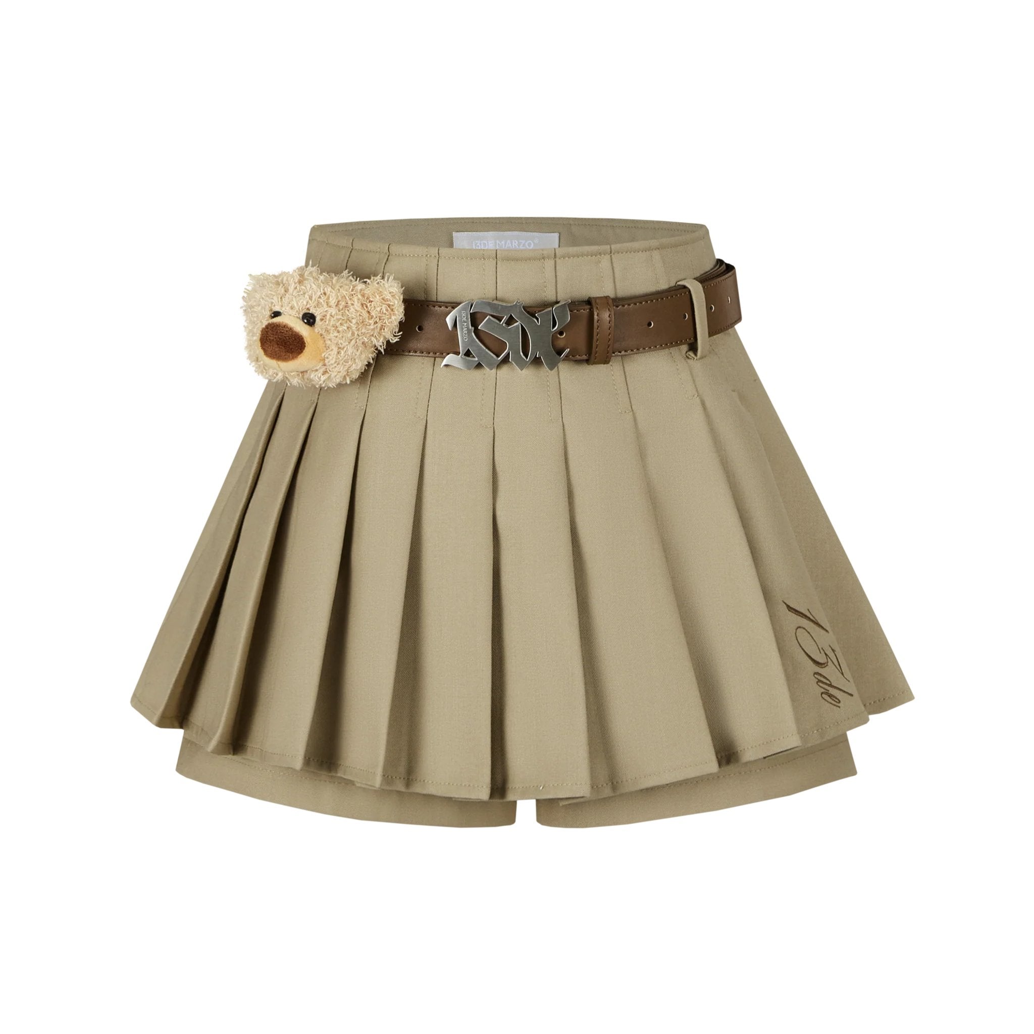 13DE MARZO Brown High Waist Belt Pleated Skirt | MADA IN CHINA