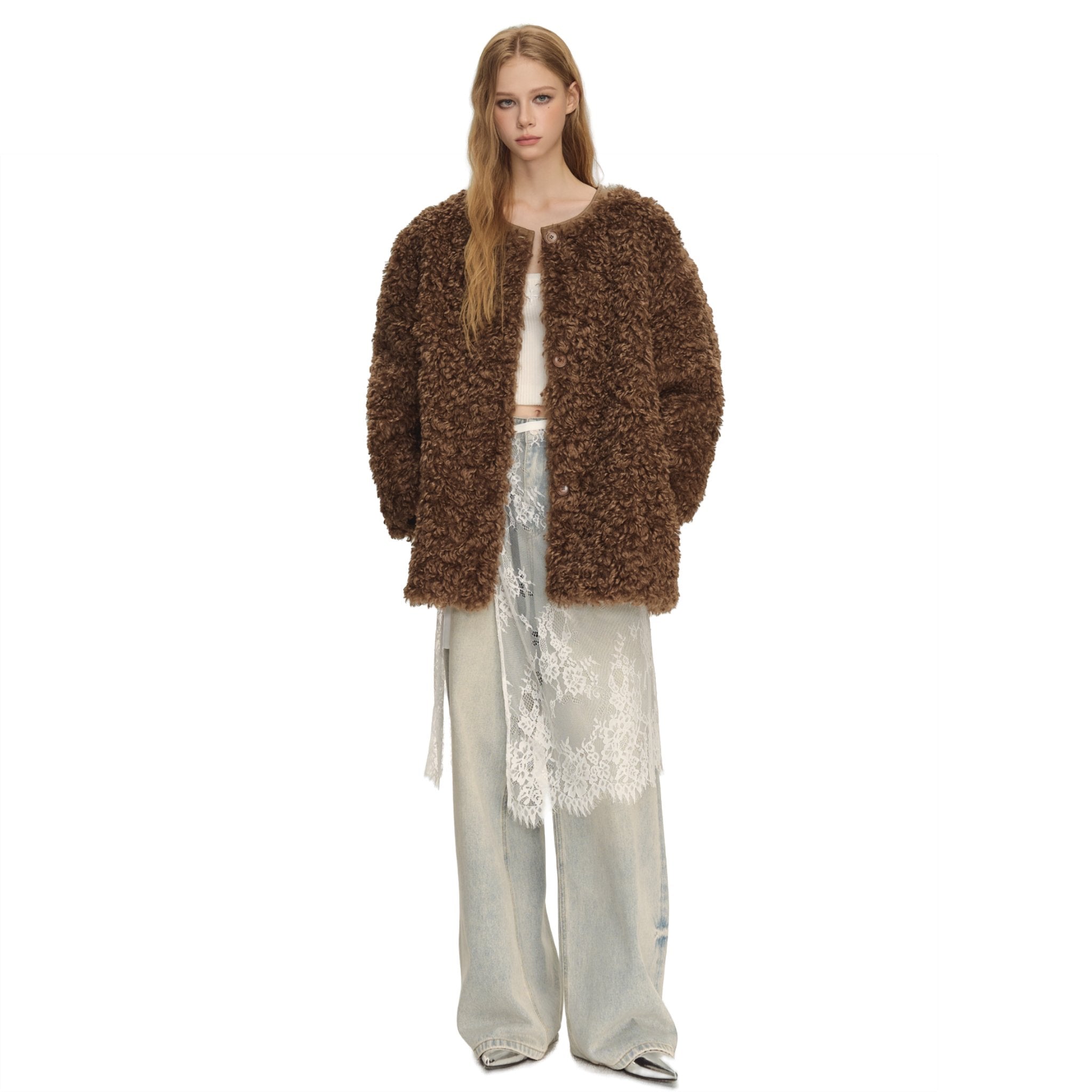 CLIMAX VISION Brown Oversized Round Neck Sherpa Coat | MADAX