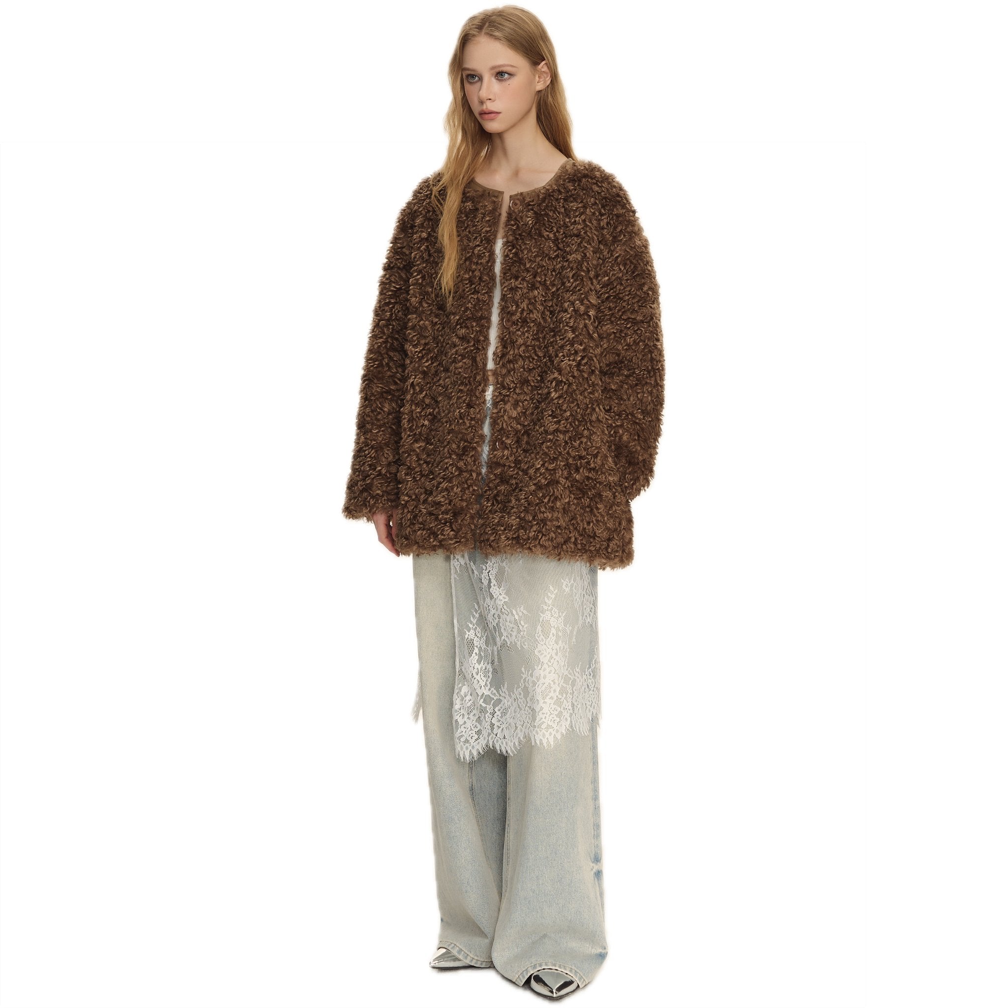 CLIMAX VISION Brown Oversized Round Neck Sherpa Coat | MADAX