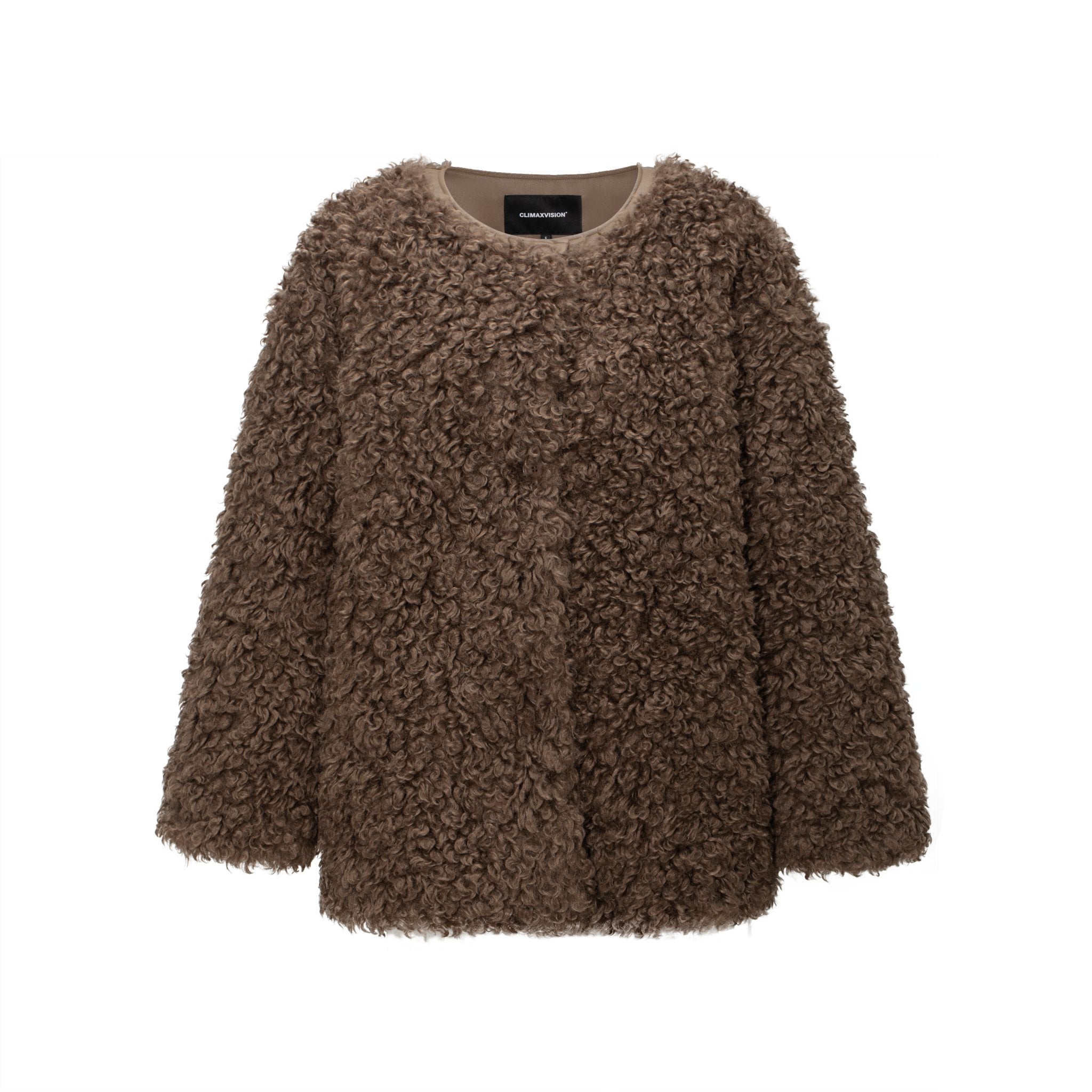 CLIMAX VISION Brown Oversized Round Neck Sherpa Coat | MADAX