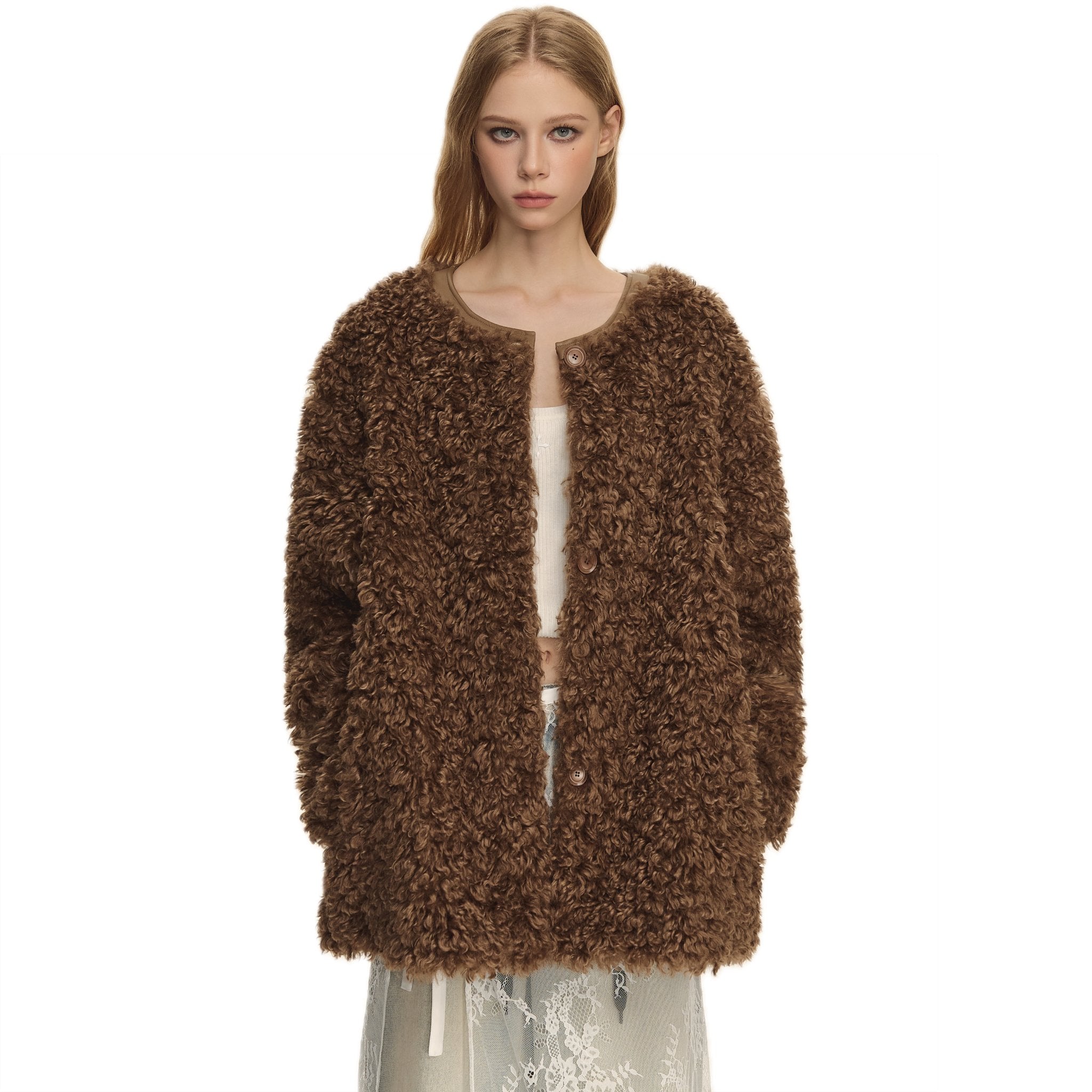 CLIMAX VISION Brown Oversized Round Neck Sherpa Coat | MADAX