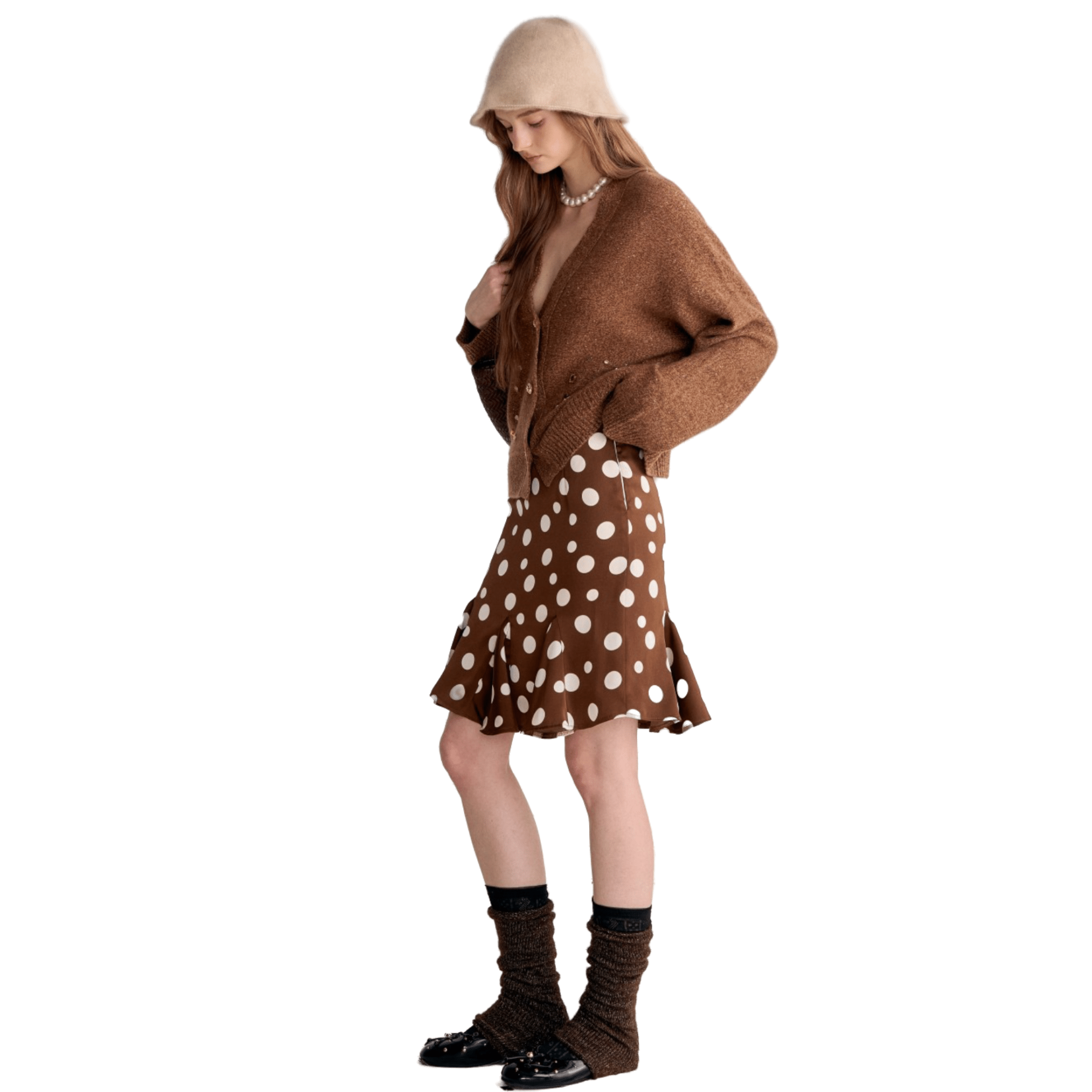 AIMME SPARROW Brown Polka Dot Ruffle Skirt | MADAX
