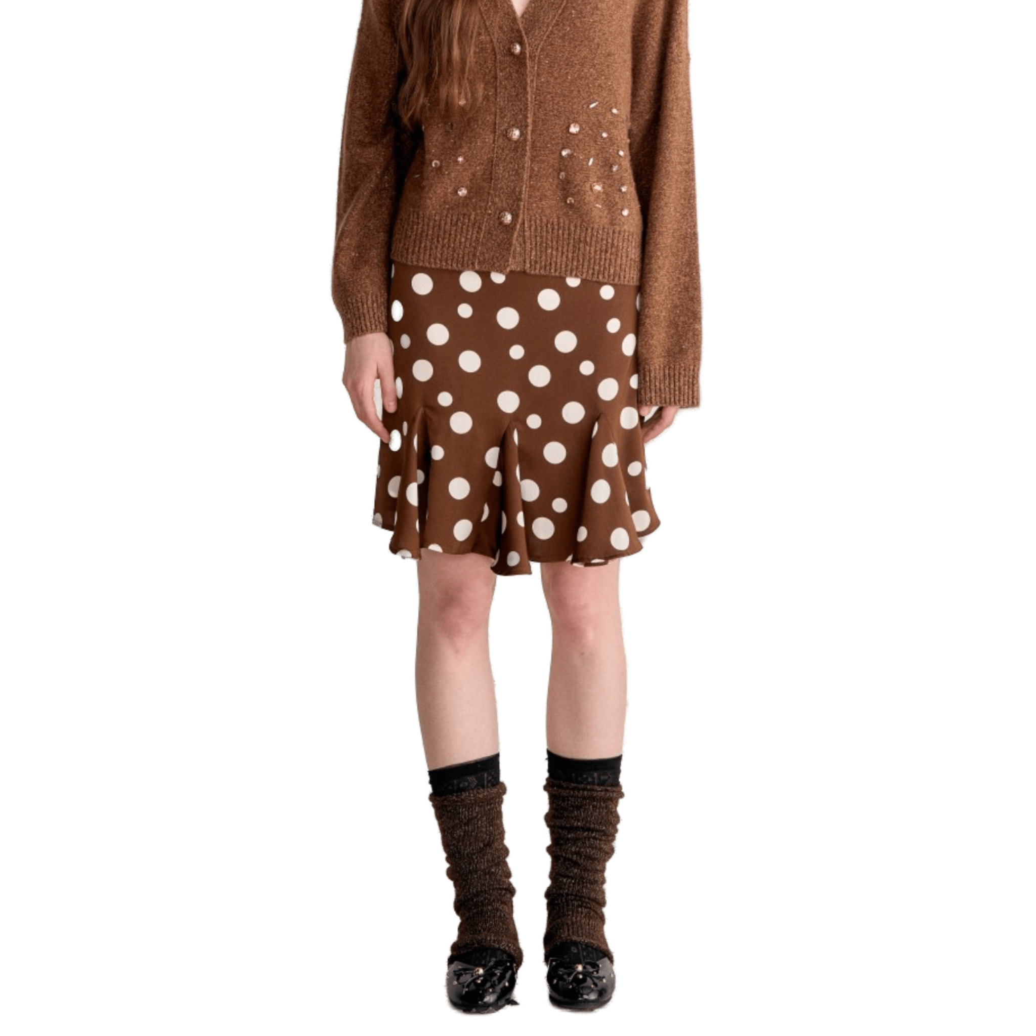 AIMME SPARROW Brown Polka Dot Ruffle Skirt | MADAX