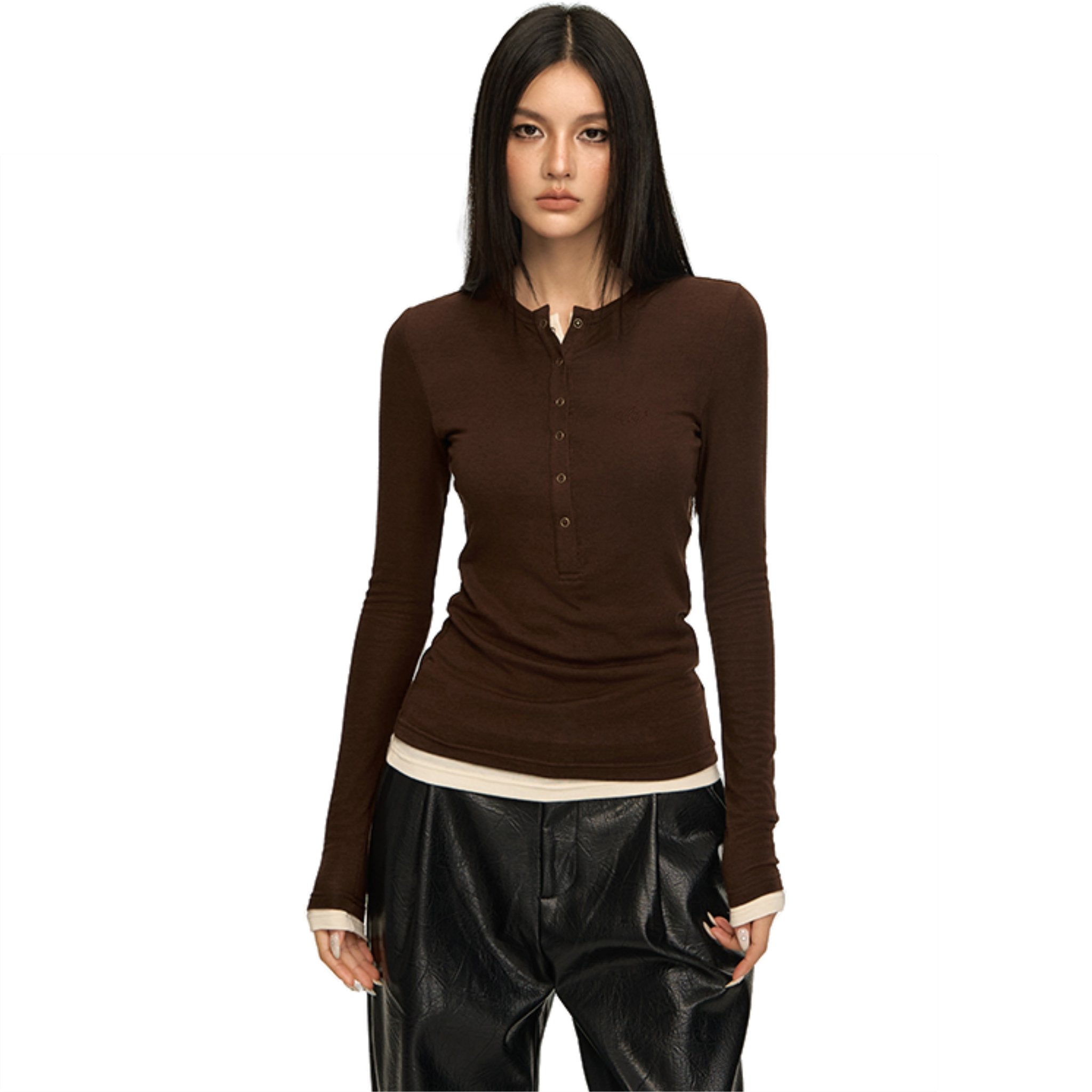 CLIMAX VISION Brown Tencel Wool Henley Collar False Two Piece | MADAX