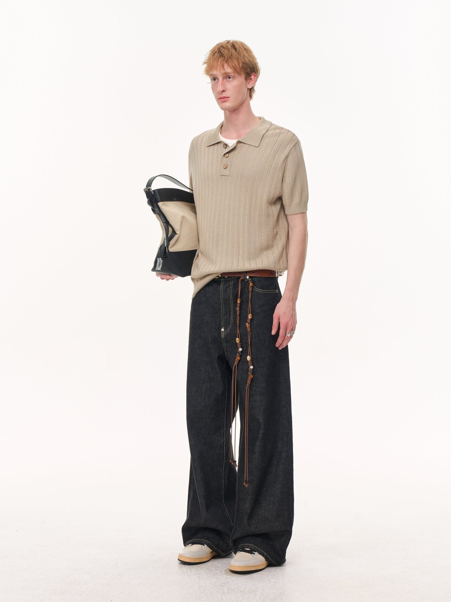 CLIMAX VISION Brown Wheat - Patterned Textured Knit Polo Shirt | MADAX