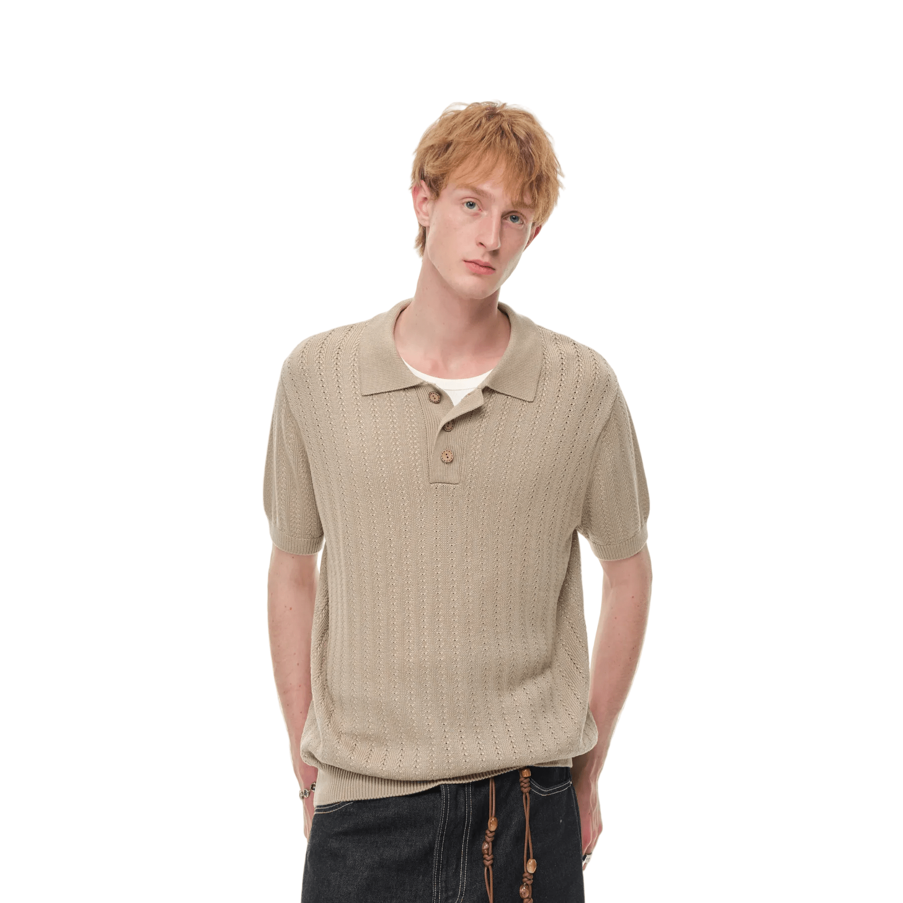 CLIMAX VISION Brown Wheat - Patterned Textured Knit Polo Shirt | MADAX