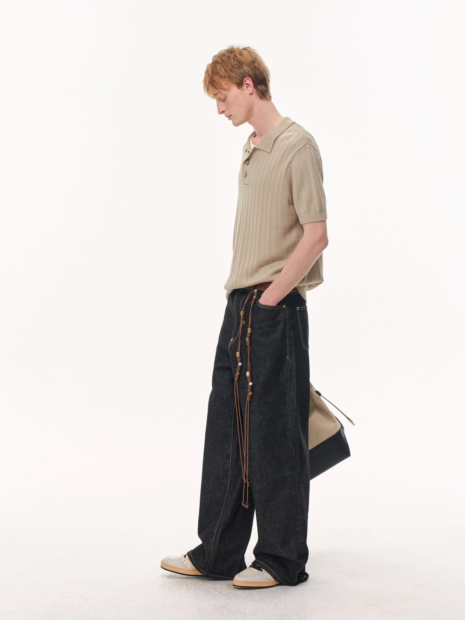 CLIMAX VISION Brown Wheat - Patterned Textured Knit Polo Shirt | MADAX
