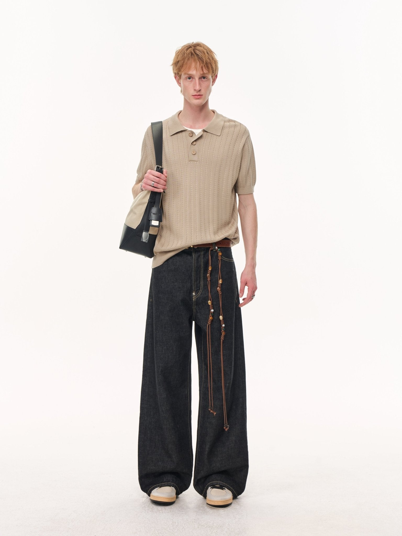 CLIMAX VISION Brown Wheat - Patterned Textured Knit Polo Shirt | MADAX