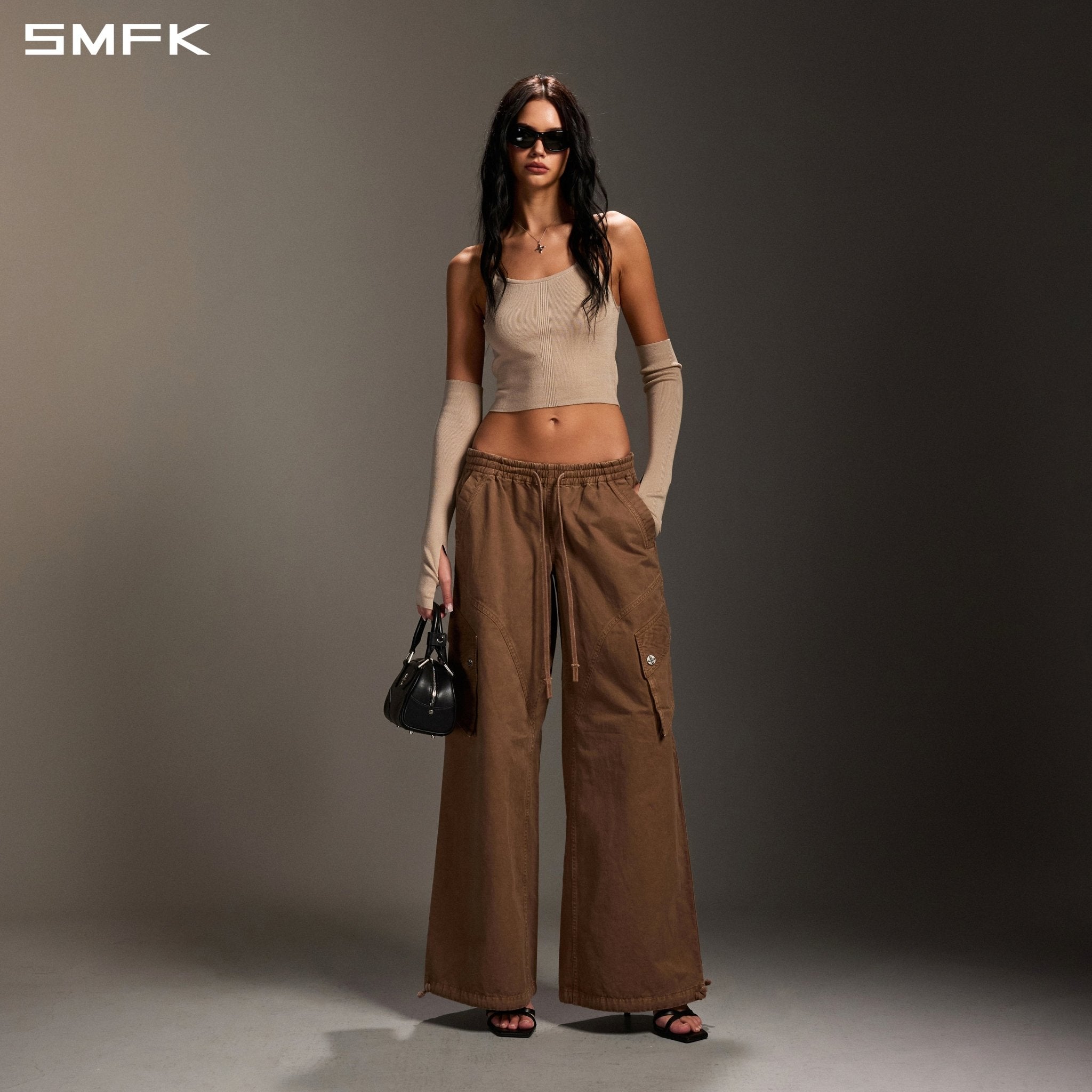 SMFK Brown Wide-Leg Athletic Cargo Pants | MADAX