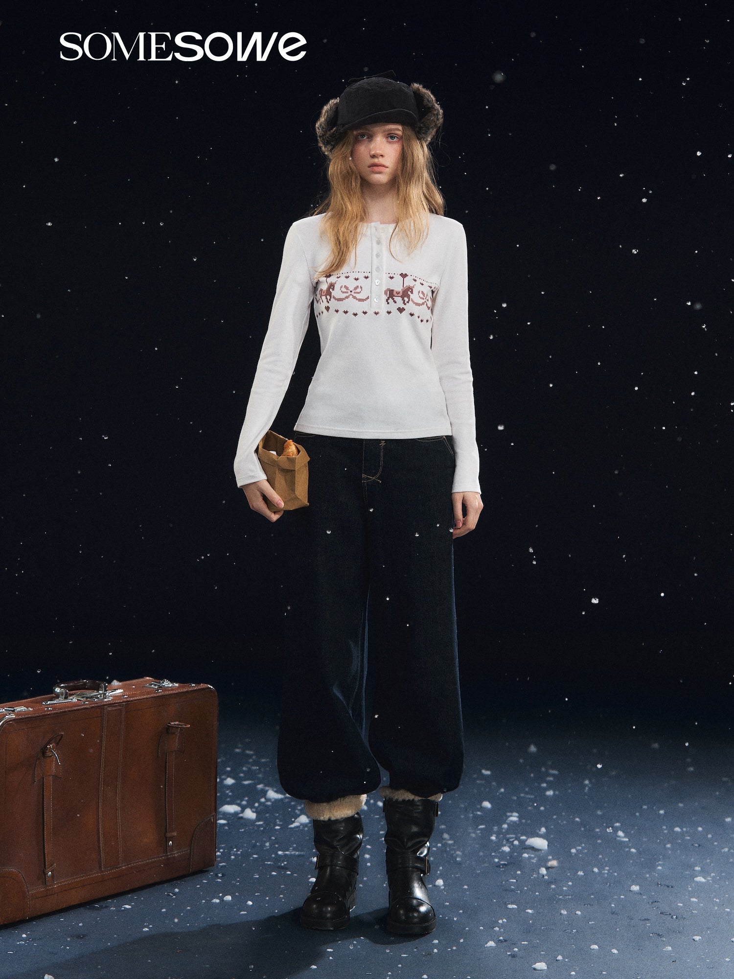 SOMESOWE Carousel Print Fleece Top In White | MADAX