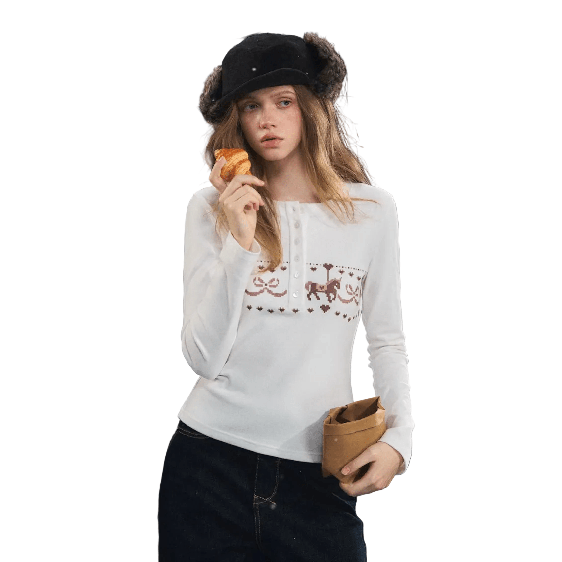 SOMESOWE Carousel Print Fleece Top In White | MADAX