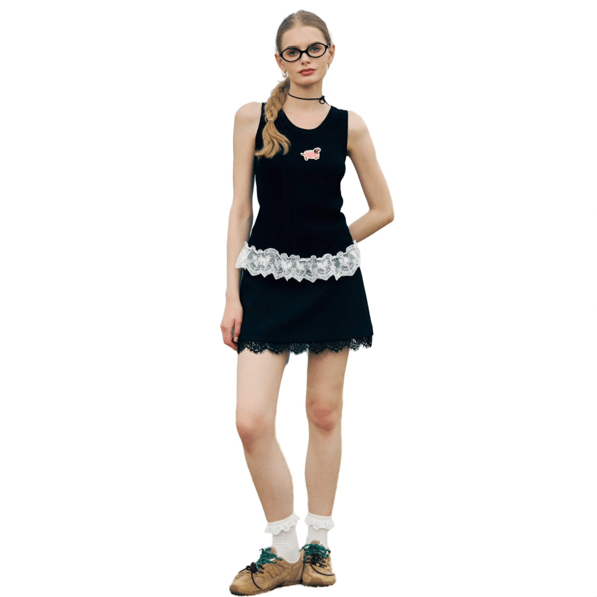 NOT FOR US Cartoon Dachshund Puppy Lace Knitted Vest in Black | MADAX