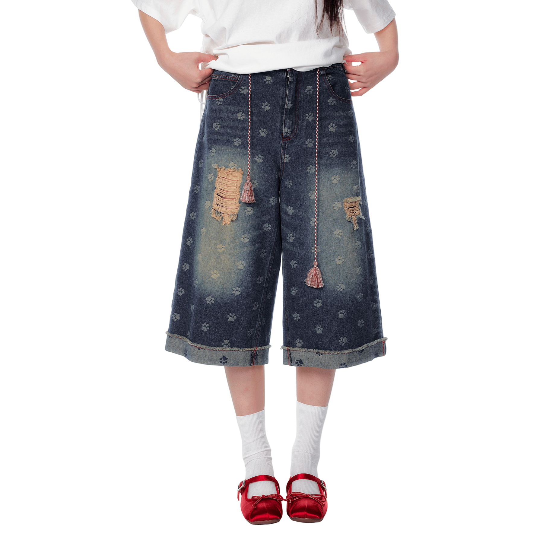 CHAOSCHAOS Cat Paw Dark Pattern Contrast Line Ripped Jeans In Blue | MADAX