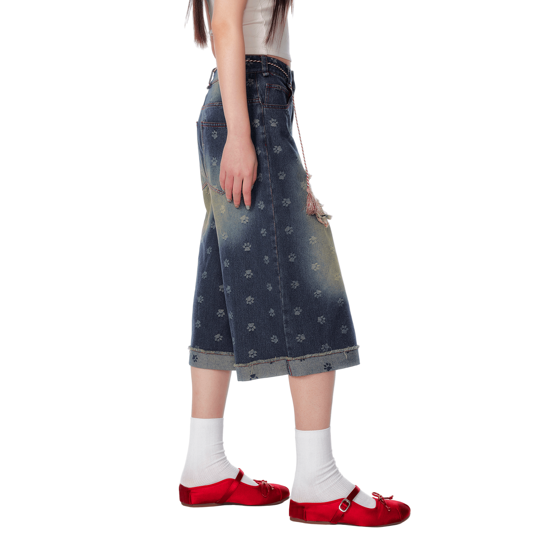 CHAOSCHAOS Cat Paw Dark Pattern Contrast Line Ripped Jeans In Blue | MADAX