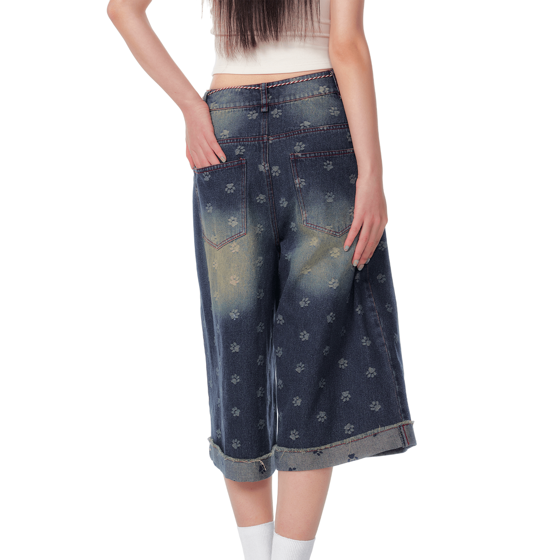 CHAOSCHAOS Cat Paw Dark Pattern Contrast Line Ripped Jeans In Blue | MADAX