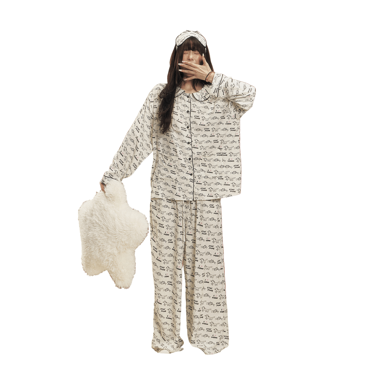 CHAOSCHAOS Cat Print Baby Doll Collar Pajama Set In Cat Print | MADAX