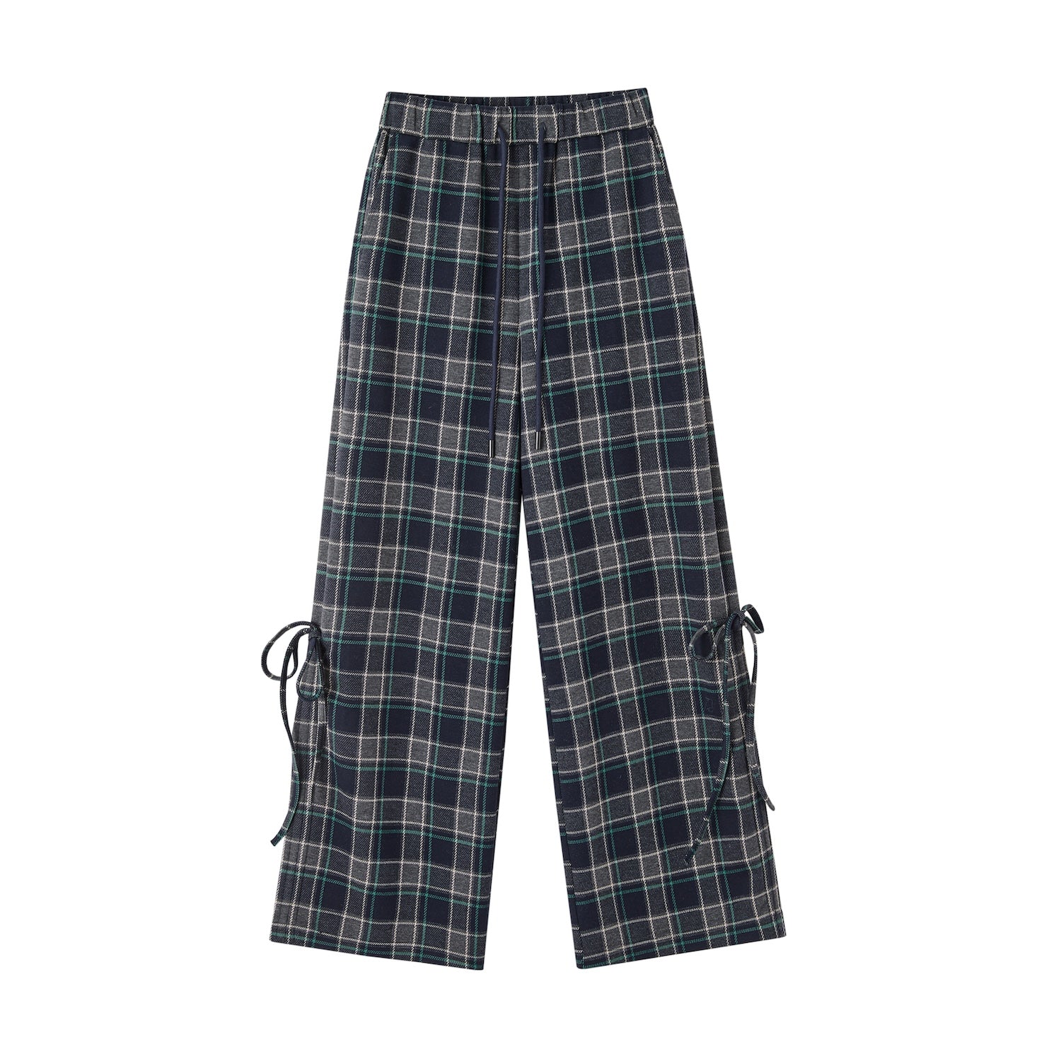 Checkered Drawstring Bow Trousers In Blue