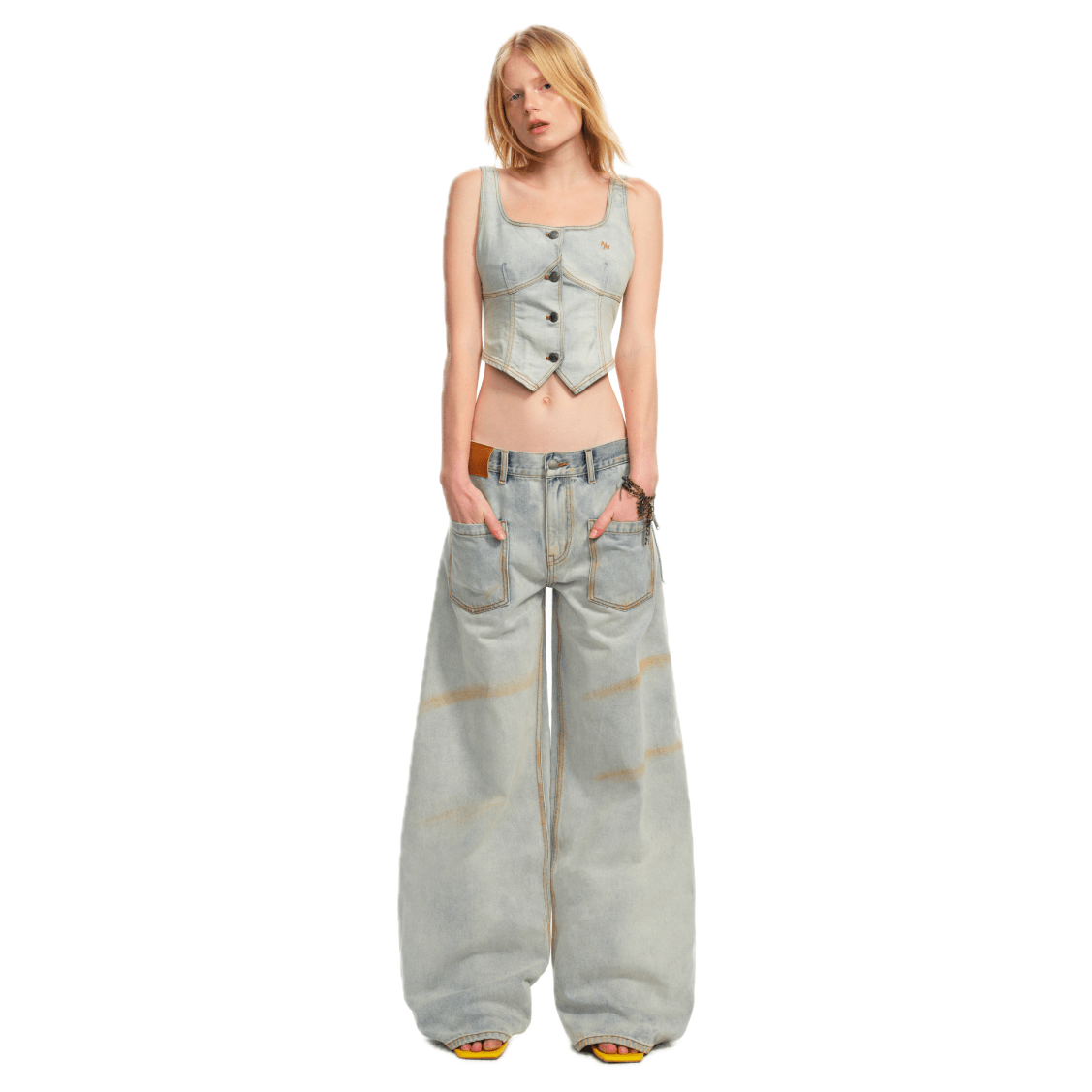 NAWS Ceramic Denim Sack Pants in White | MADAX