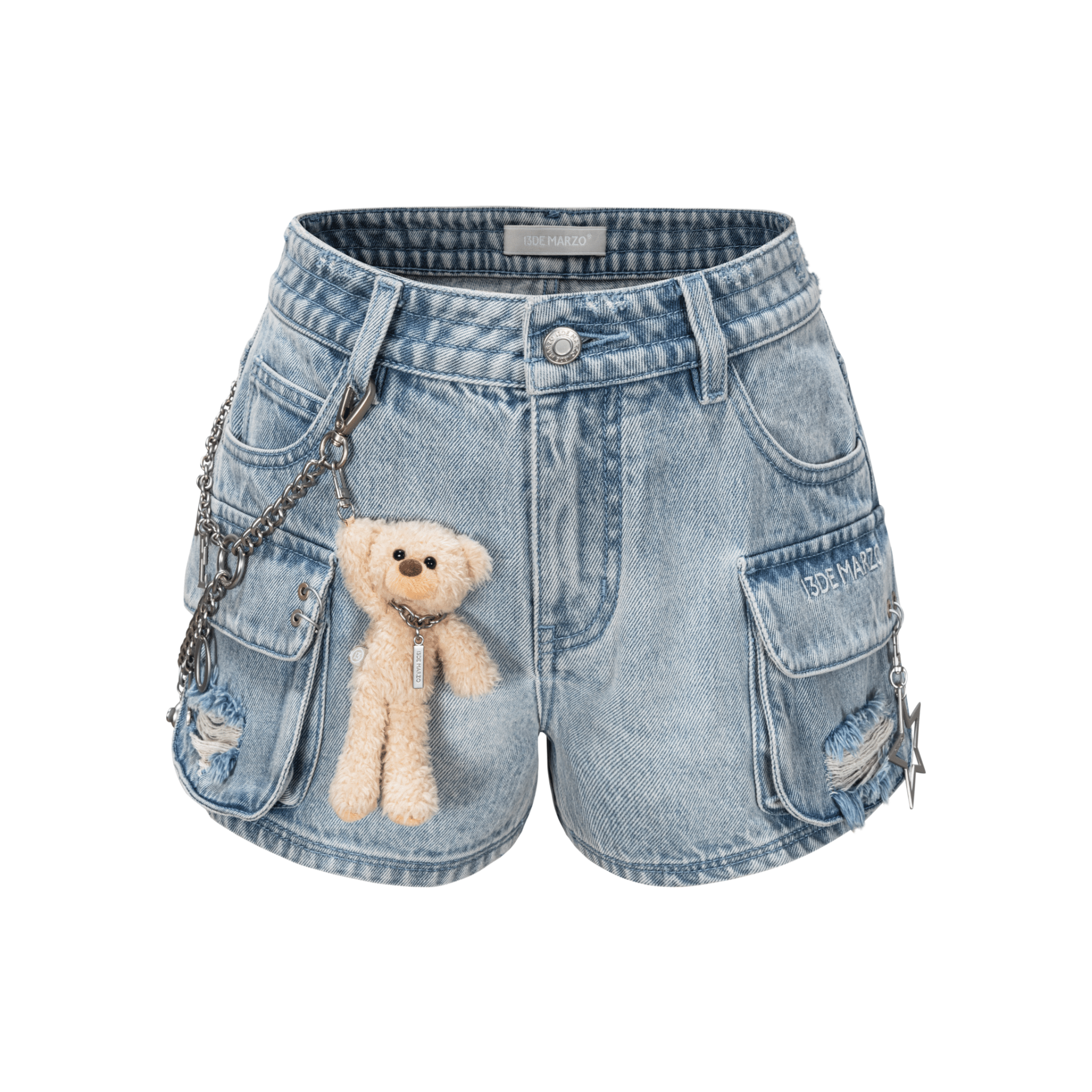 13DE MARZO Chain Bear Washed Denim Shorts in Blue | MADAX
