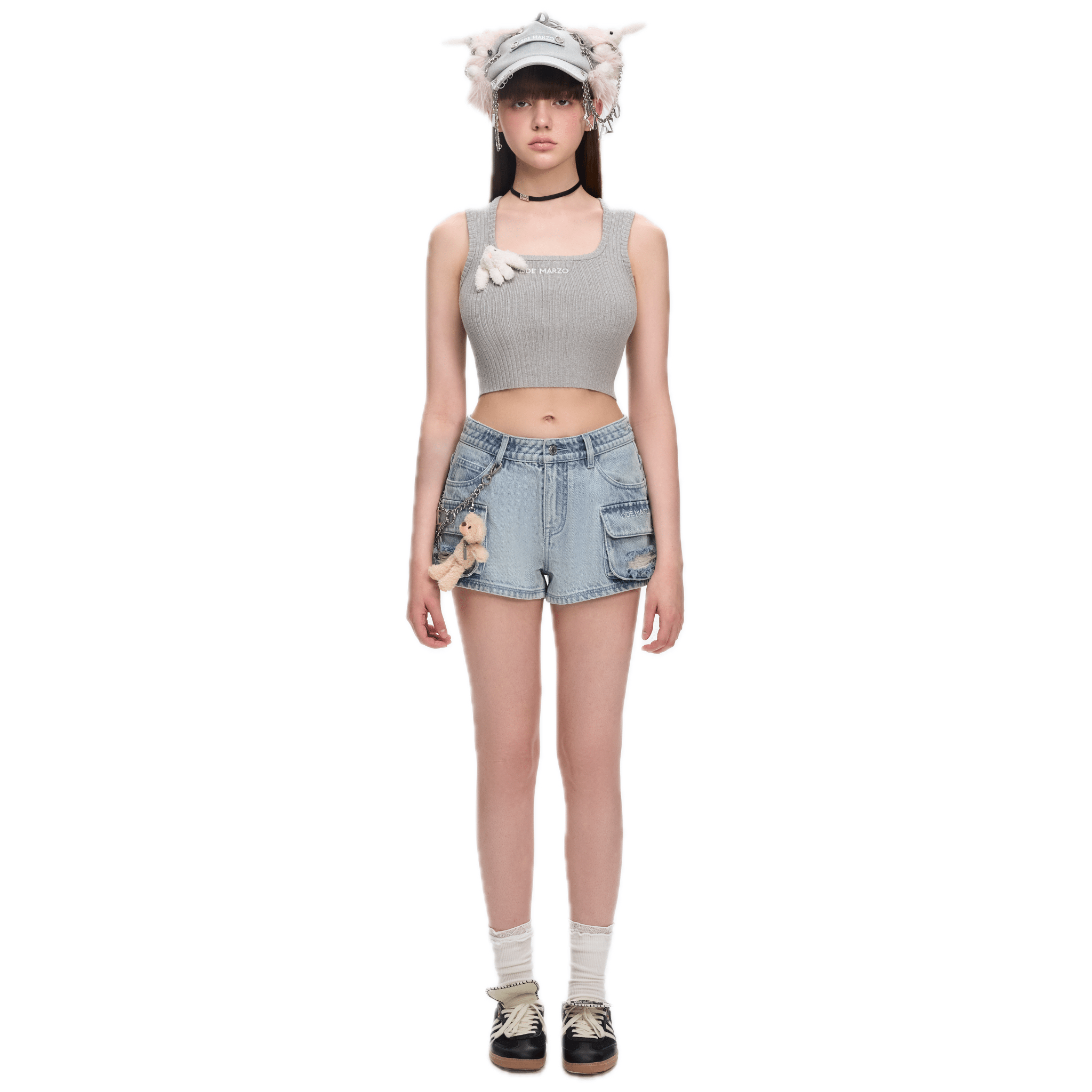 13DE MARZO Chain Bear Washed Denim Shorts in Blue | MADAX