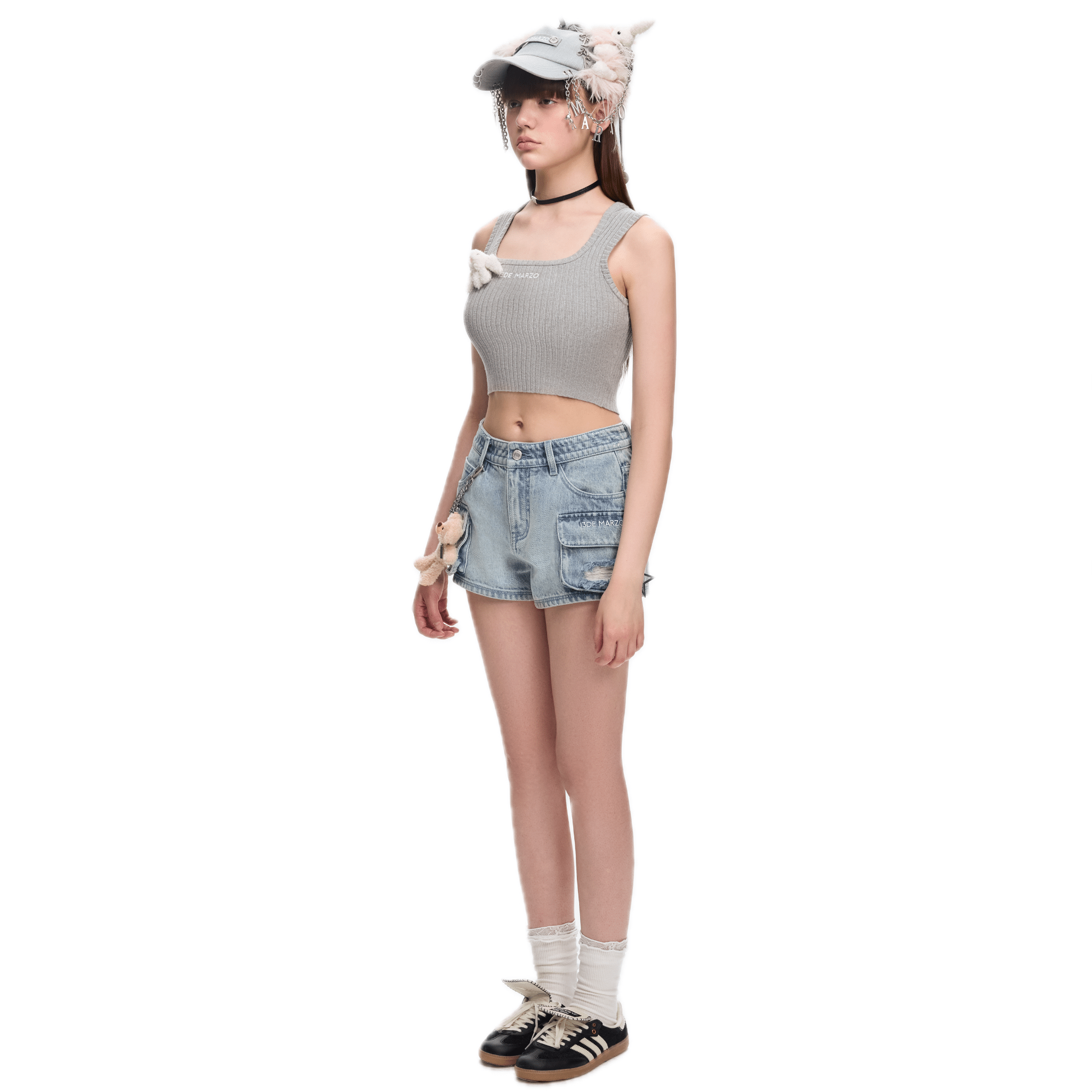 13DE MARZO Chain Bear Washed Denim Shorts in Blue | MADAX