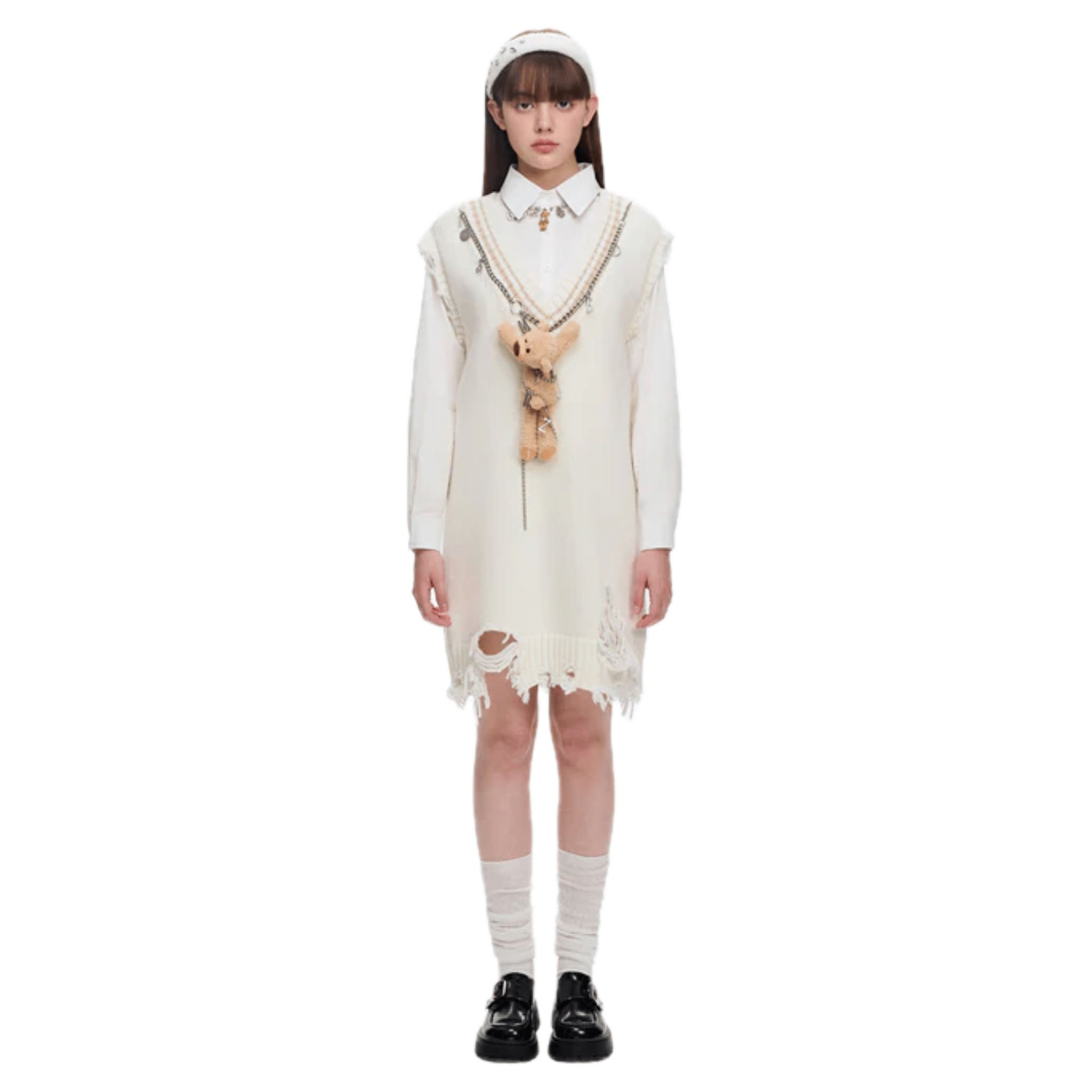13DE MARZO Chain Knit Vest Dress in White | MADAX