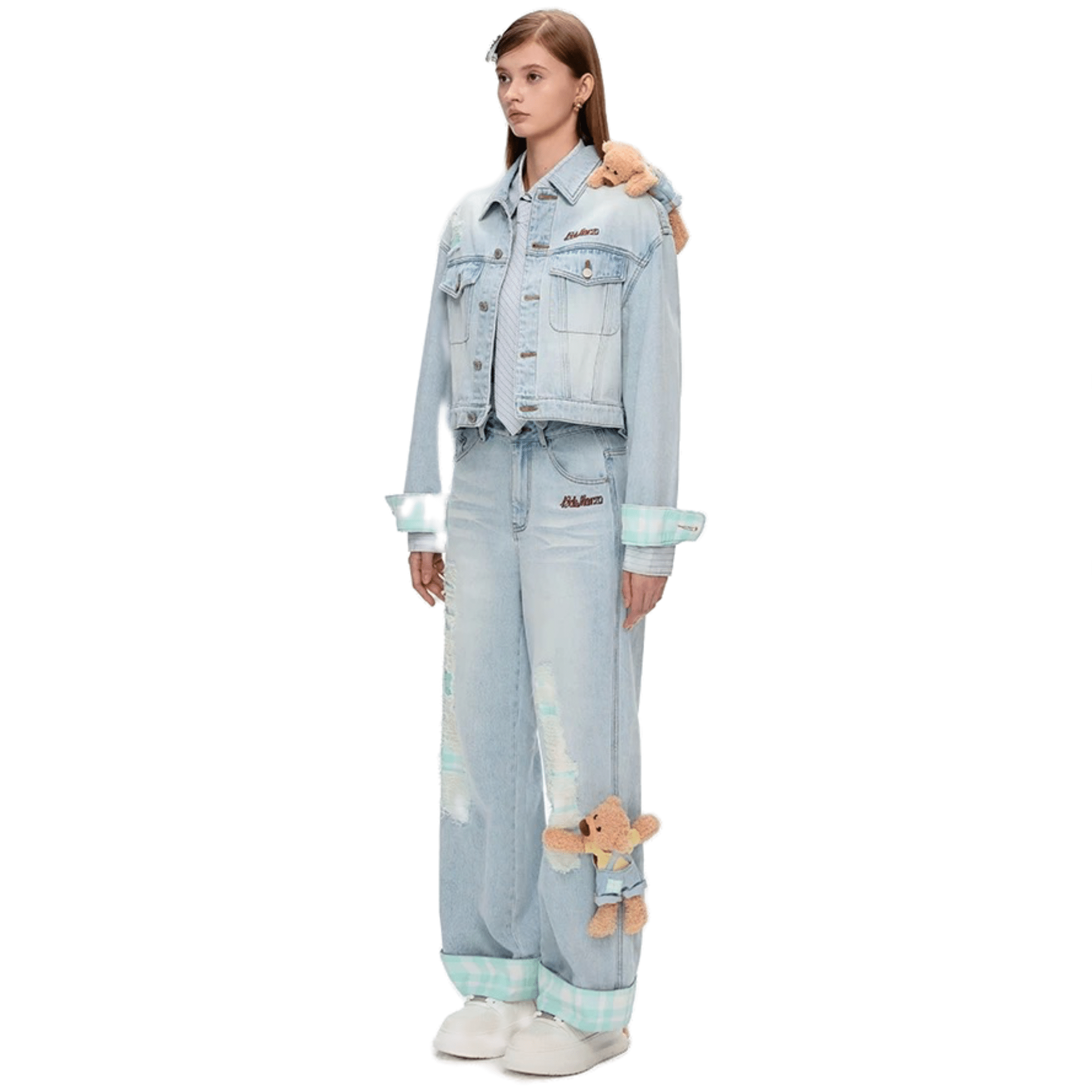 13DE MARZO Check Cuffed Embroidered Denim Trousers in Light Blue | MADAX
