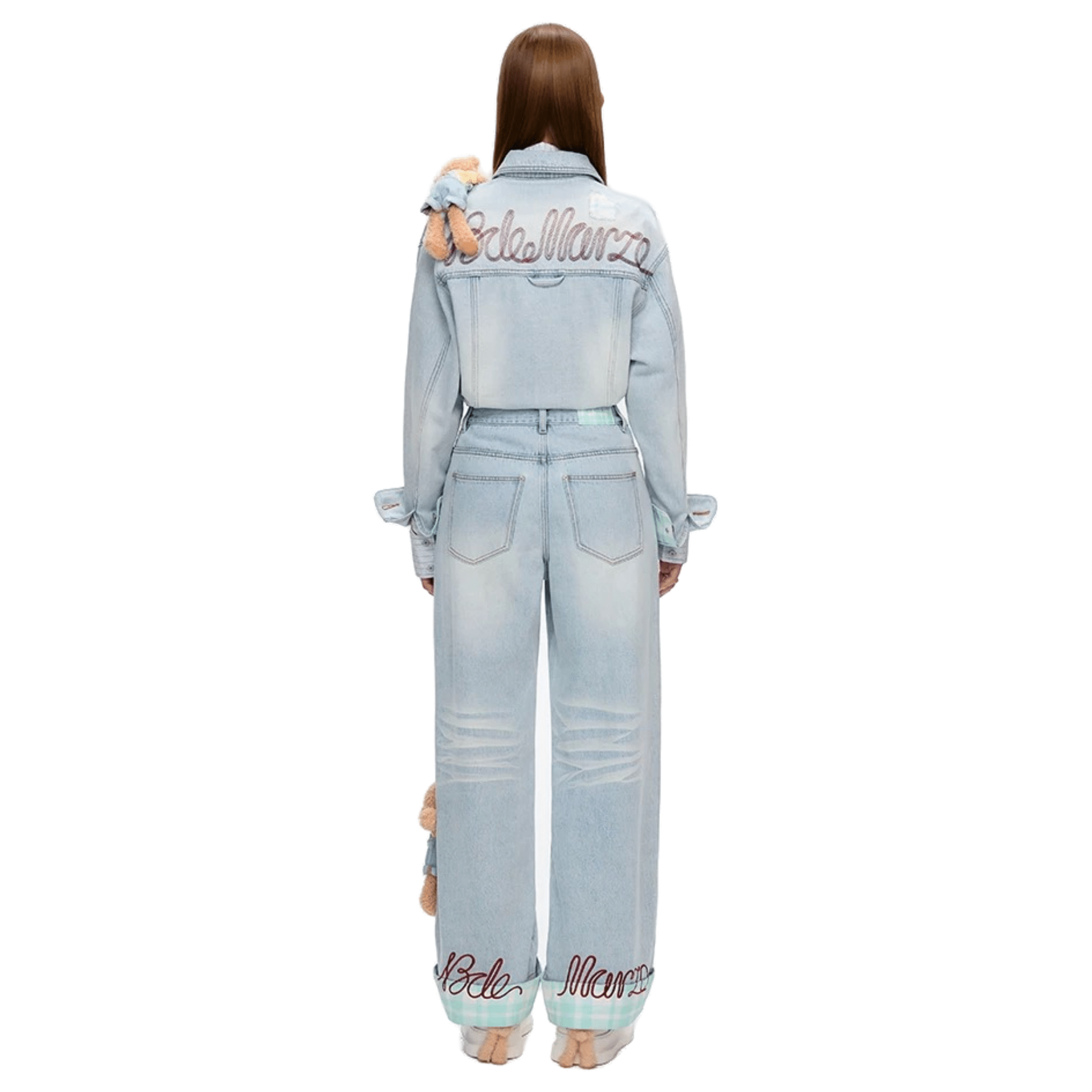 13DE MARZO Check Cuffed Embroidered Denim Trousers in Light Blue | MADAX