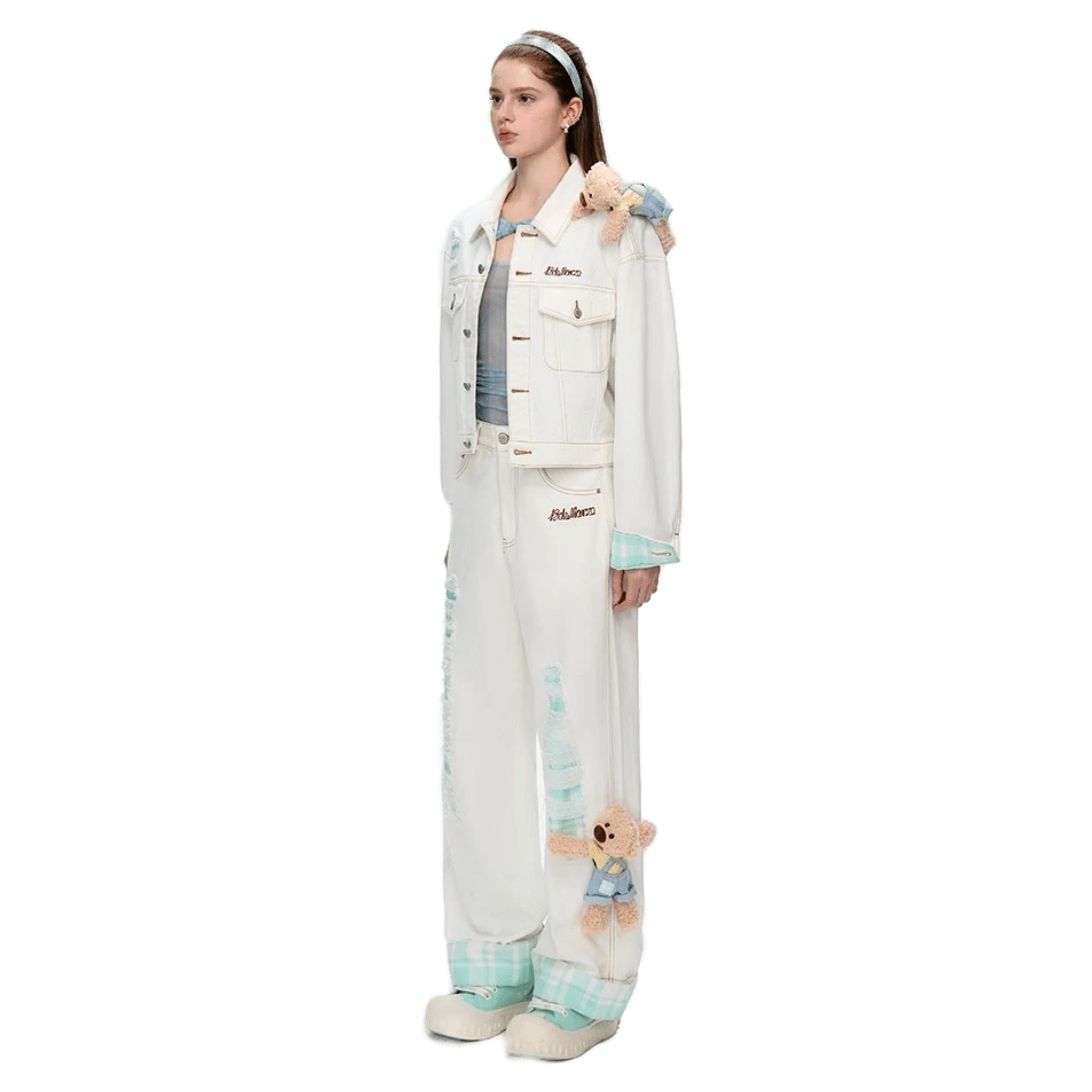 13DE MARZO Check Embroidered Denim Pants in White | MADAX