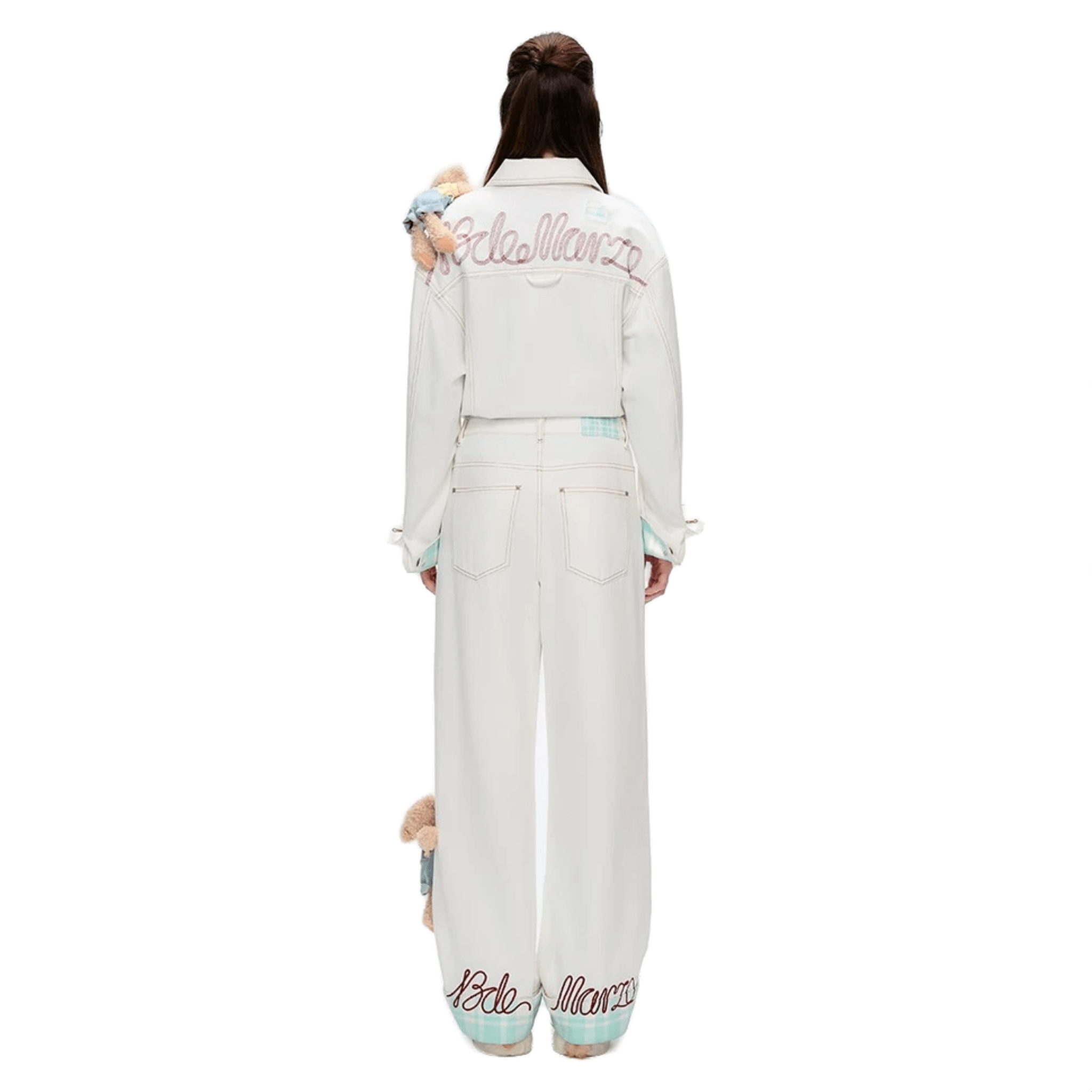 13DE MARZO Check Embroidered Denim Pants in White | MADAX