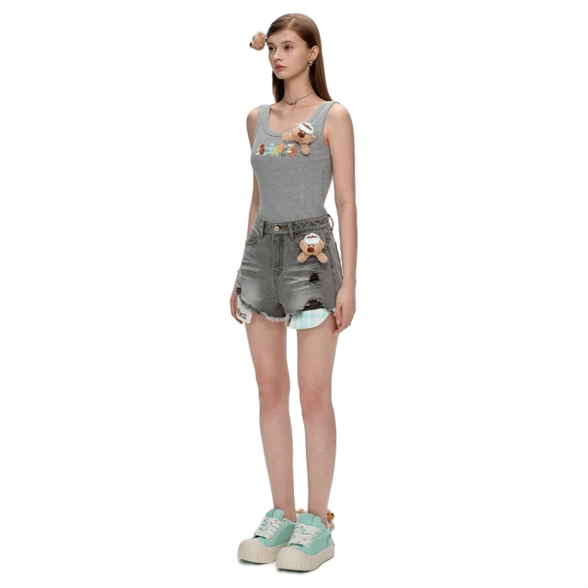 13DE MARZO Check Pocket Denim Shorts in Washed Grey | MADAX