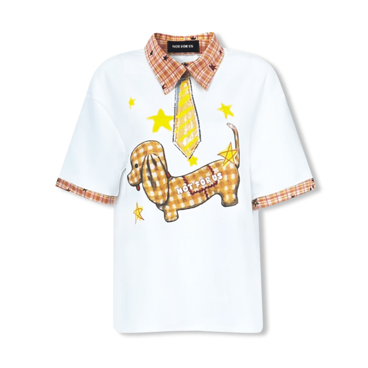 NOT FOR US Check Polo Collar Puppy Print Short Sleeves in Yellow | MADAX