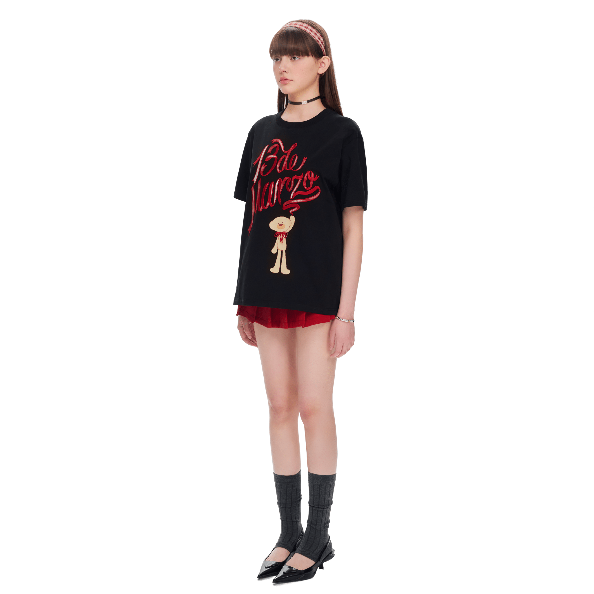13DE MARZO Check Ribbon Logo Short Sleeve in Black | MADAX