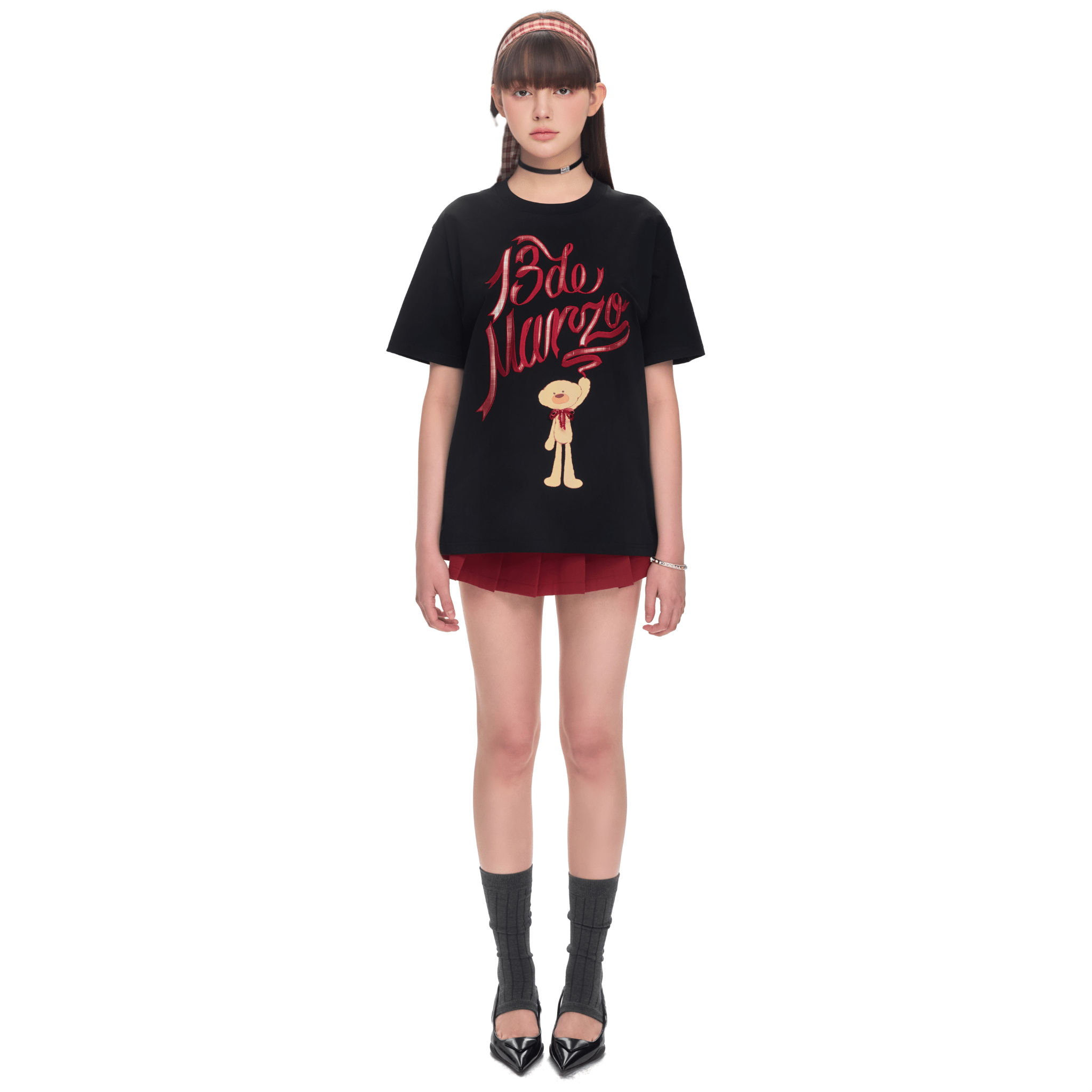 13DE MARZO Check Ribbon Logo Short Sleeve in Black | MADAX