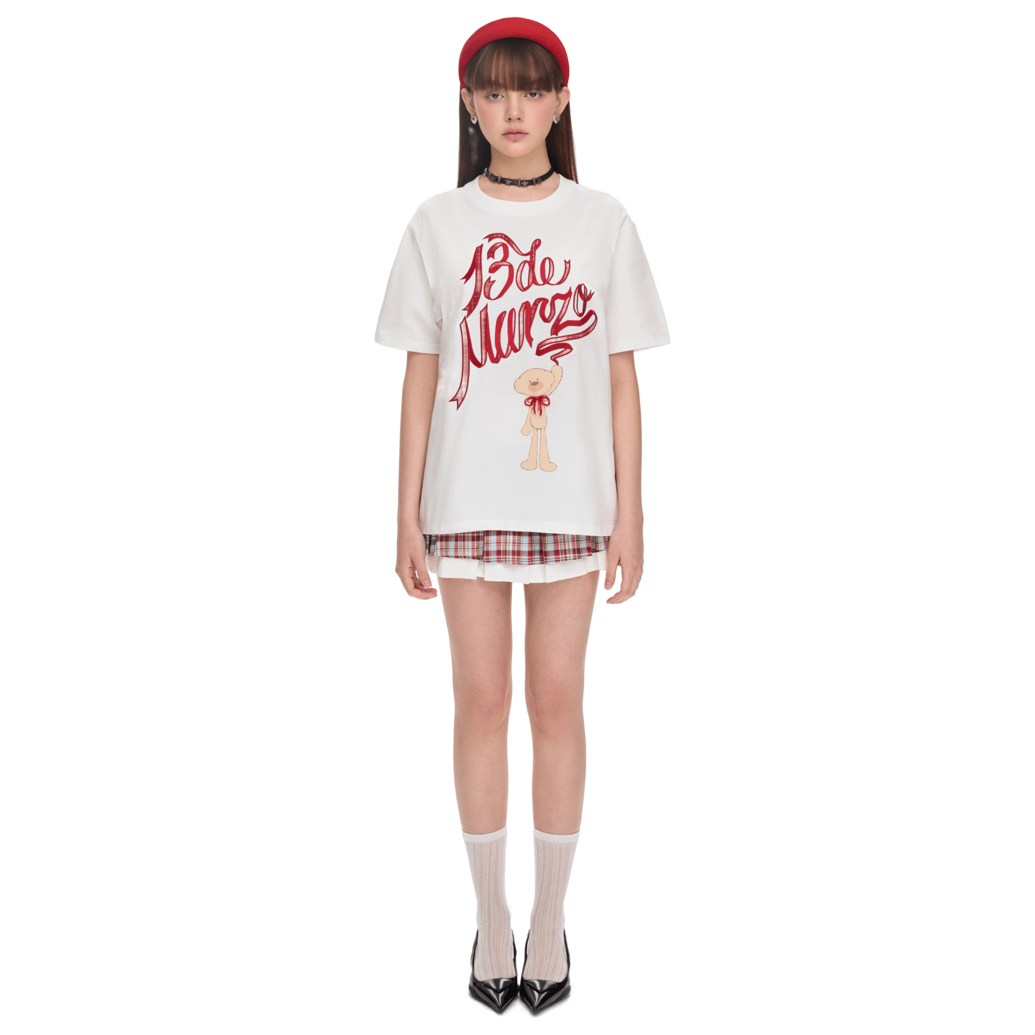13DE MARZO Check Ribbon Logo Short Sleeve in White | MADAX