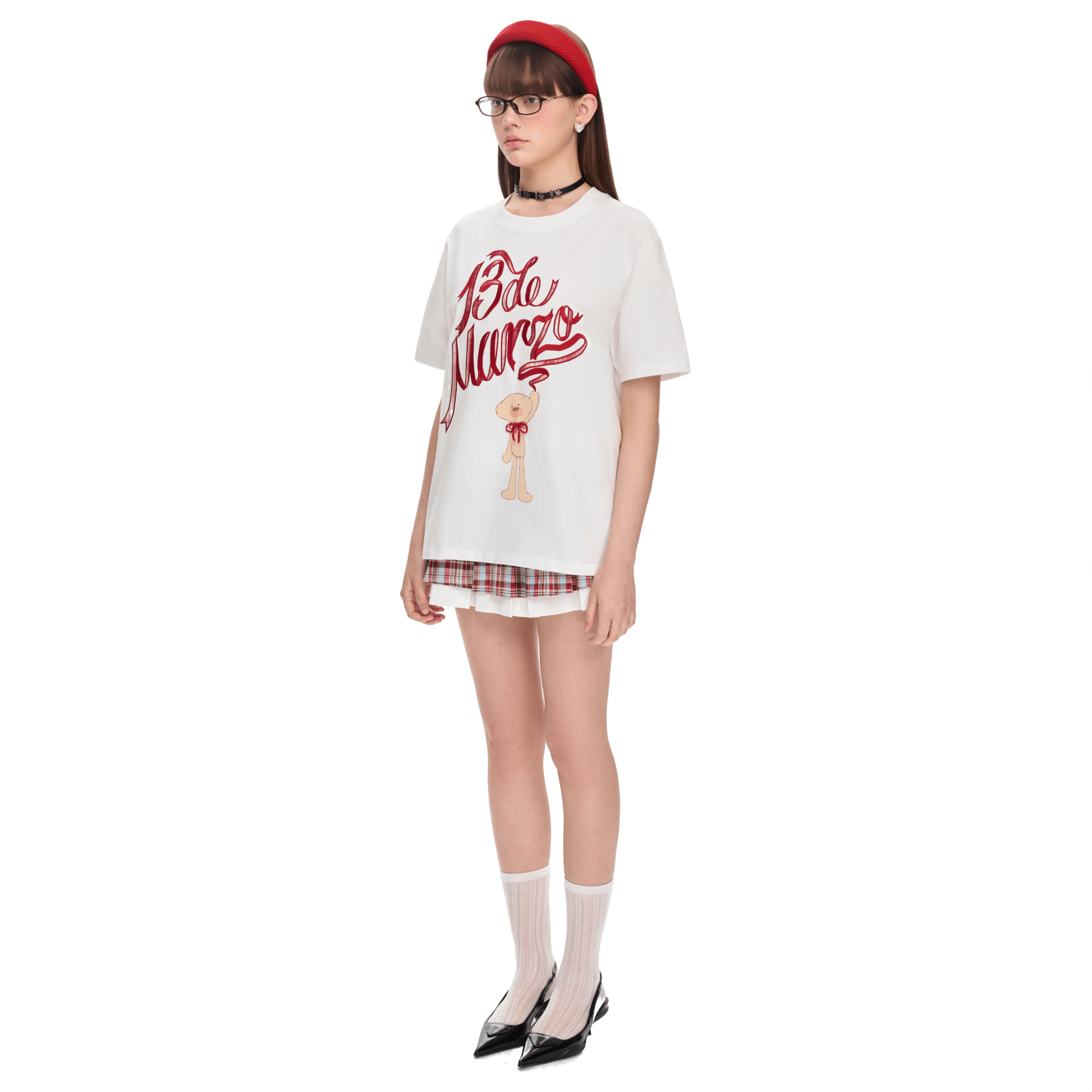 13DE MARZO Check Ribbon Logo Short Sleeve in White | MADAX