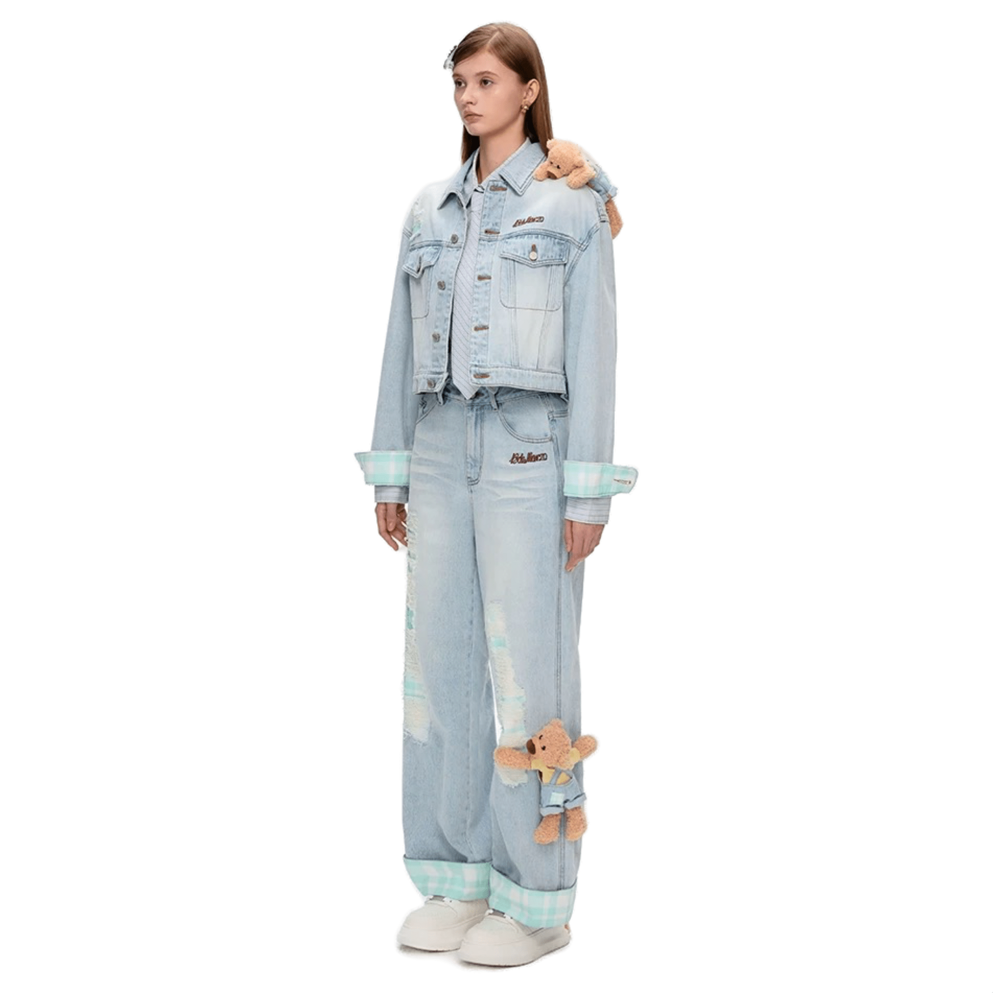 13DE MARZO Checked Cuff Denim Jacket in Washed Blue | MADAX