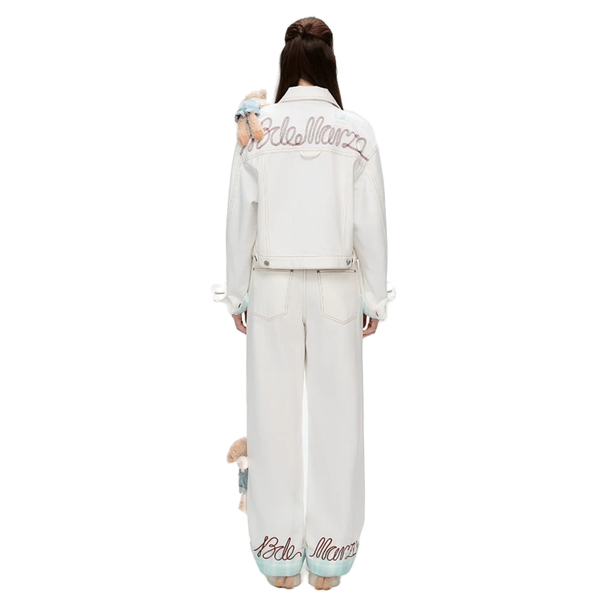 13DE MARZO Checked Cuff Denim Jacket in White | MADAX