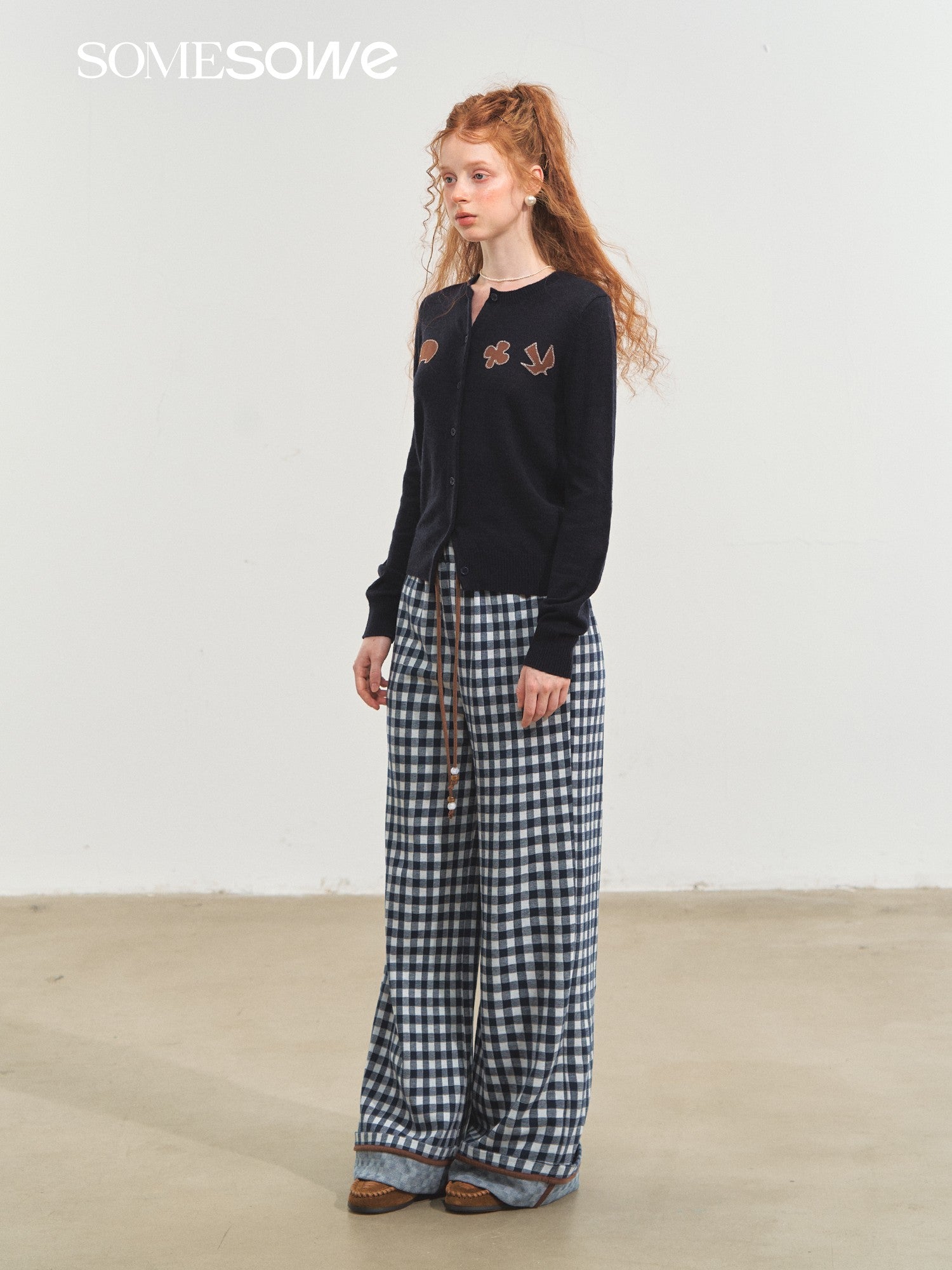 SOMESOWE Checkerboard Cuffed Wide - leg Trousers In Blue And White | MADAX