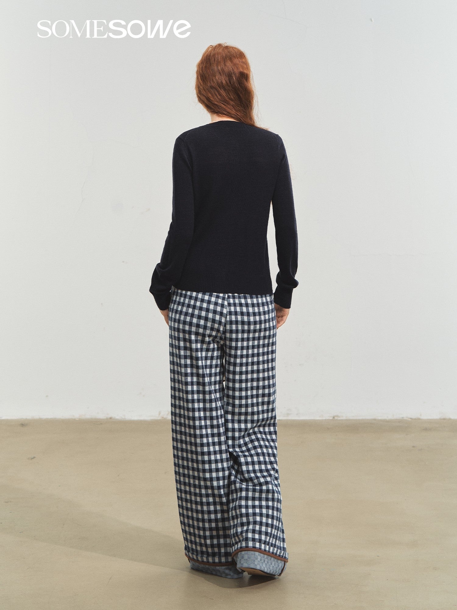 SOMESOWE Checkerboard Cuffed Wide - leg Trousers In Blue And White | MADAX
