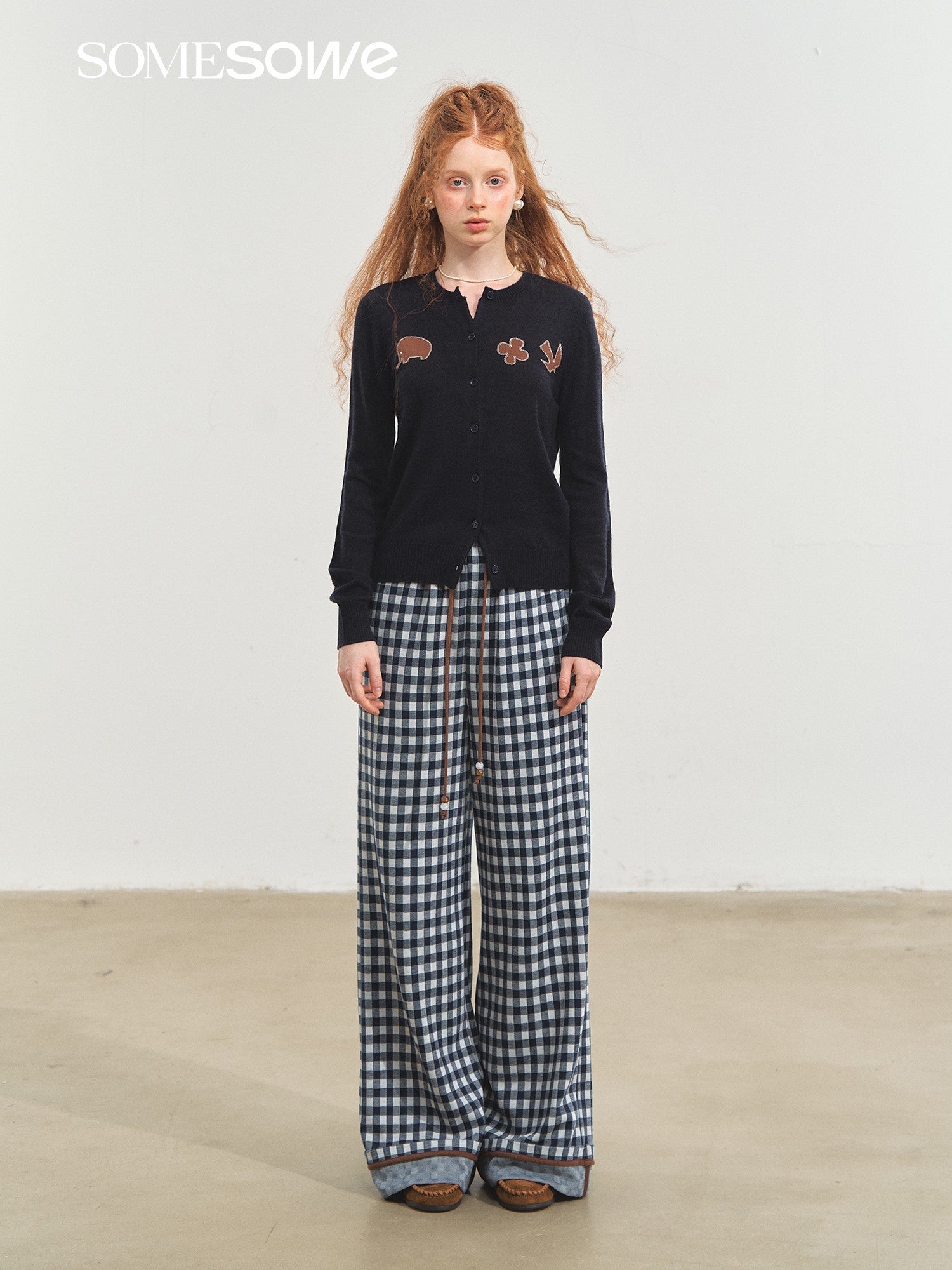 SOMESOWE Checkerboard Cuffed Wide - leg Trousers In Blue And White | MADAX