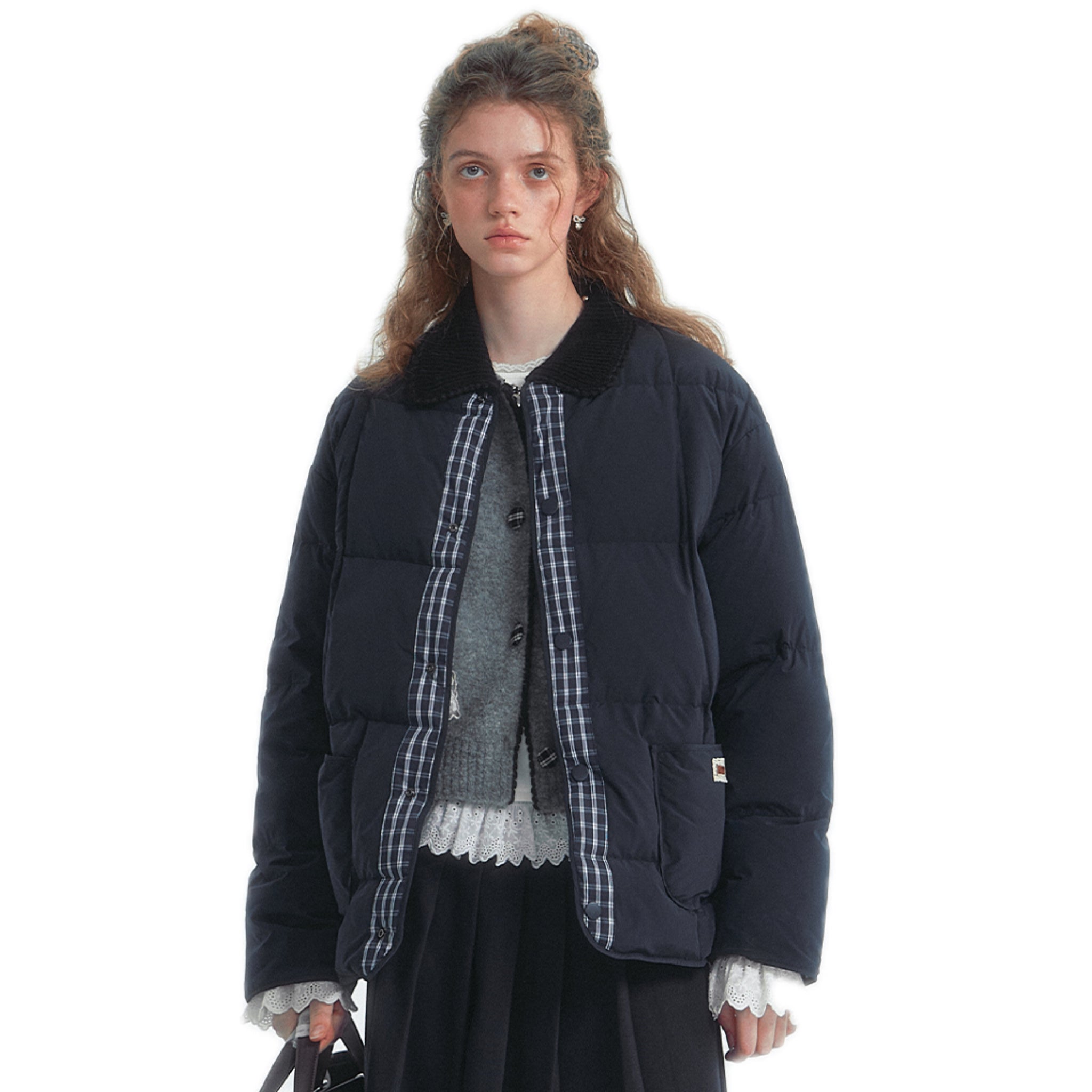 SOMESOWE Checkered Collarless Quilted Colorblock Down Jacket | MADAX